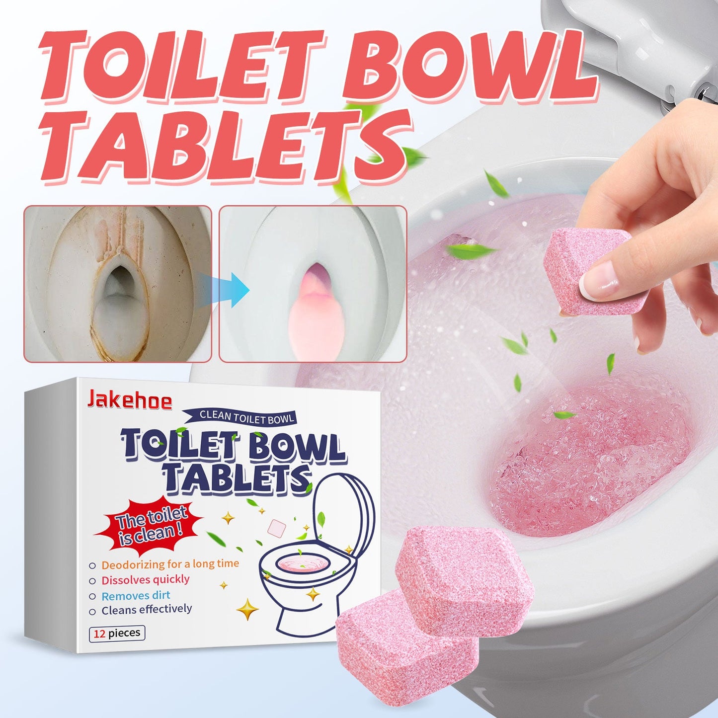 Jakehoe Toilet Effervescent Tablets Toilet cleaner for removing odors, yellow stains, dirt, and urine marks; toilet bowl cleaning tablets