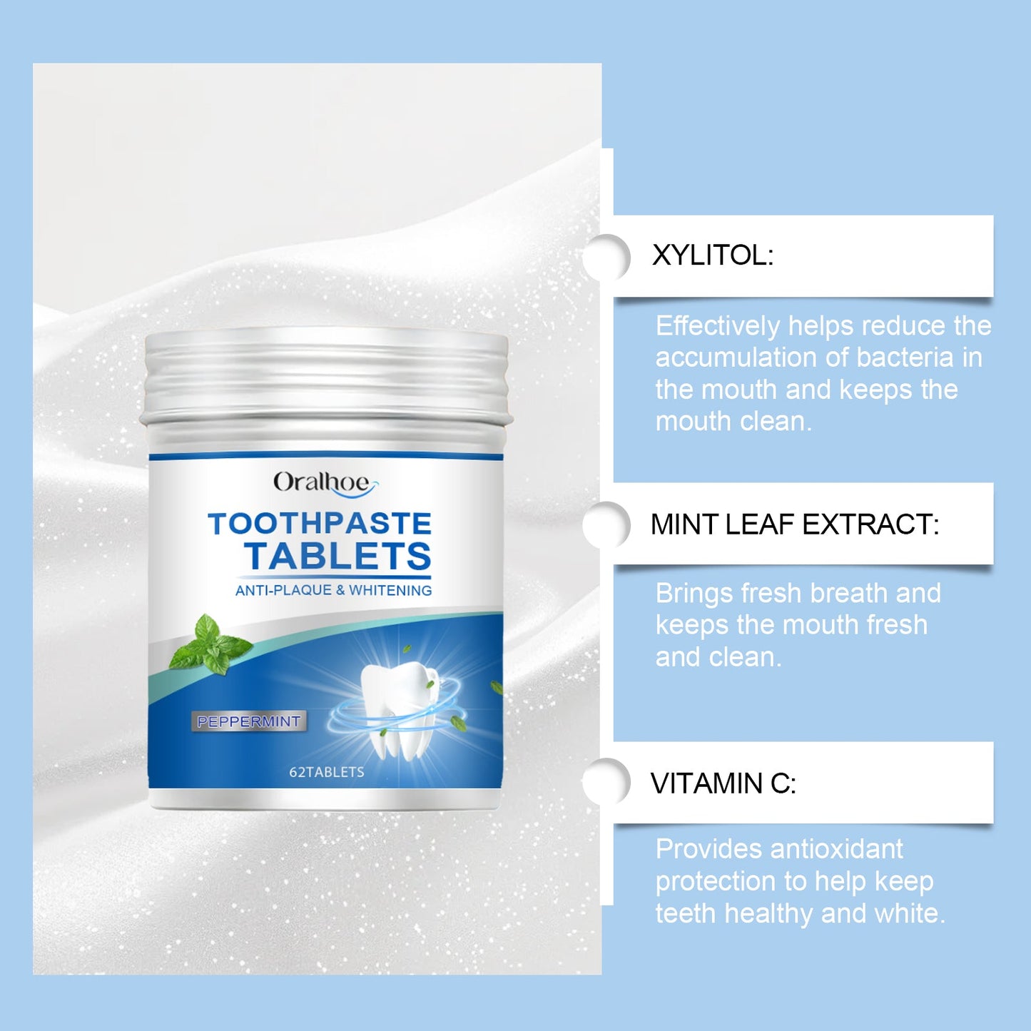 Oralhoe Mint cleaning toothpaste tablets Gently cleans teeth, removes stains and yellowing, freshens the mouth, and provides dental care