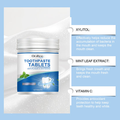 Oralhoe Mint cleaning toothpaste tablets Gently cleans teeth, removes stains and yellowing, freshens the mouth, and provides dental care