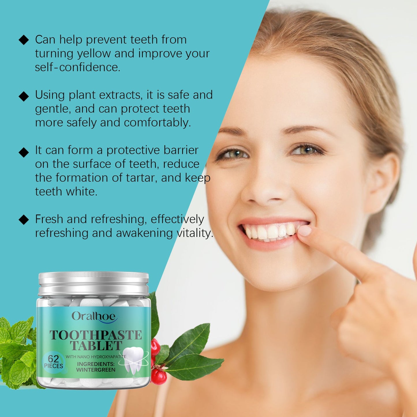 Oralhoe Whitening Toothpaste Tablets Wintergreen dental cleaning care for a radiant smile, teeth cleaning, oral protection, and fresh breath