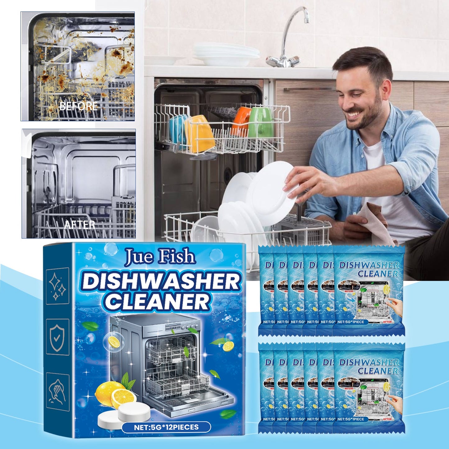 Jue-Fish Dishwasher cleaning tablets Kitchenware stain remover for heavy grease stains, tableware cleaner, dishwashing detergent