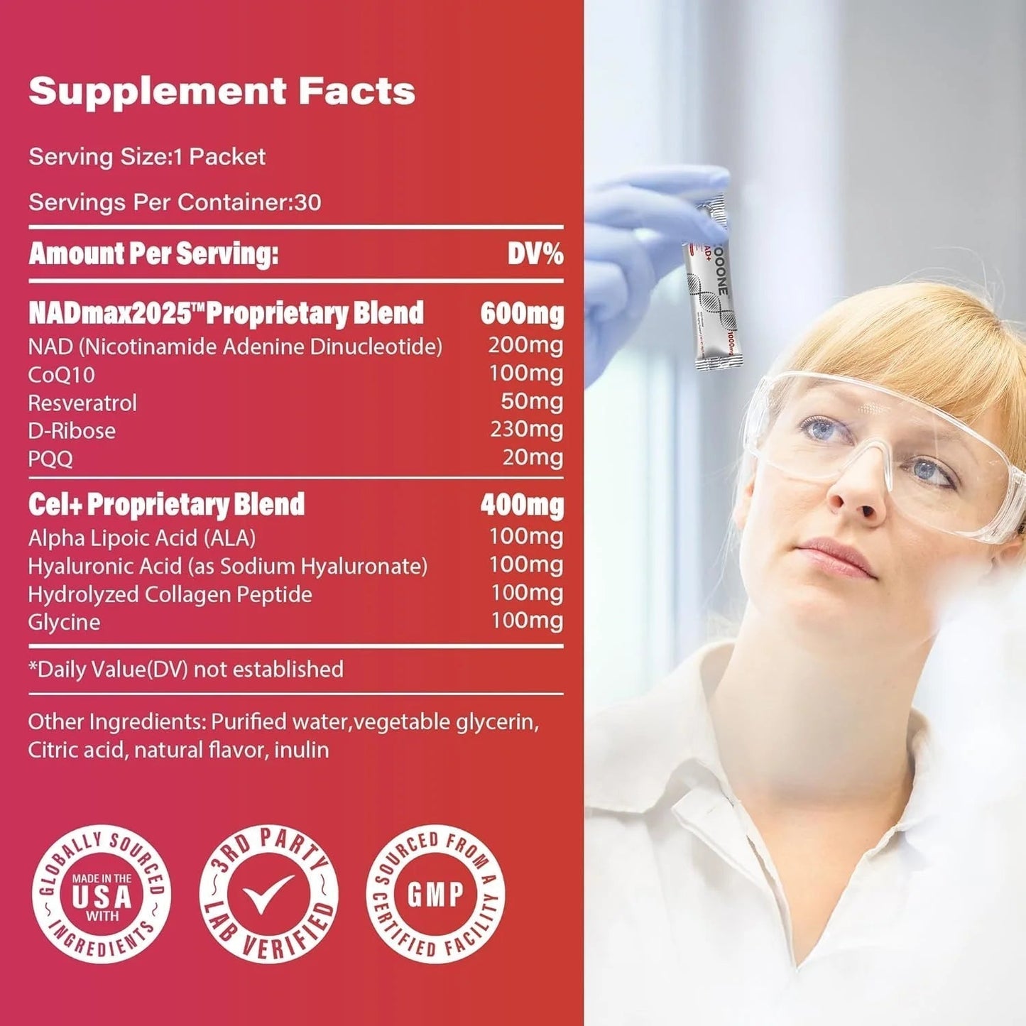 ZOOONE NR1000 - NAD+ Berry Flavor Drink Mix for Skin Aging Support, Energy, and Focus - 30 Pack
