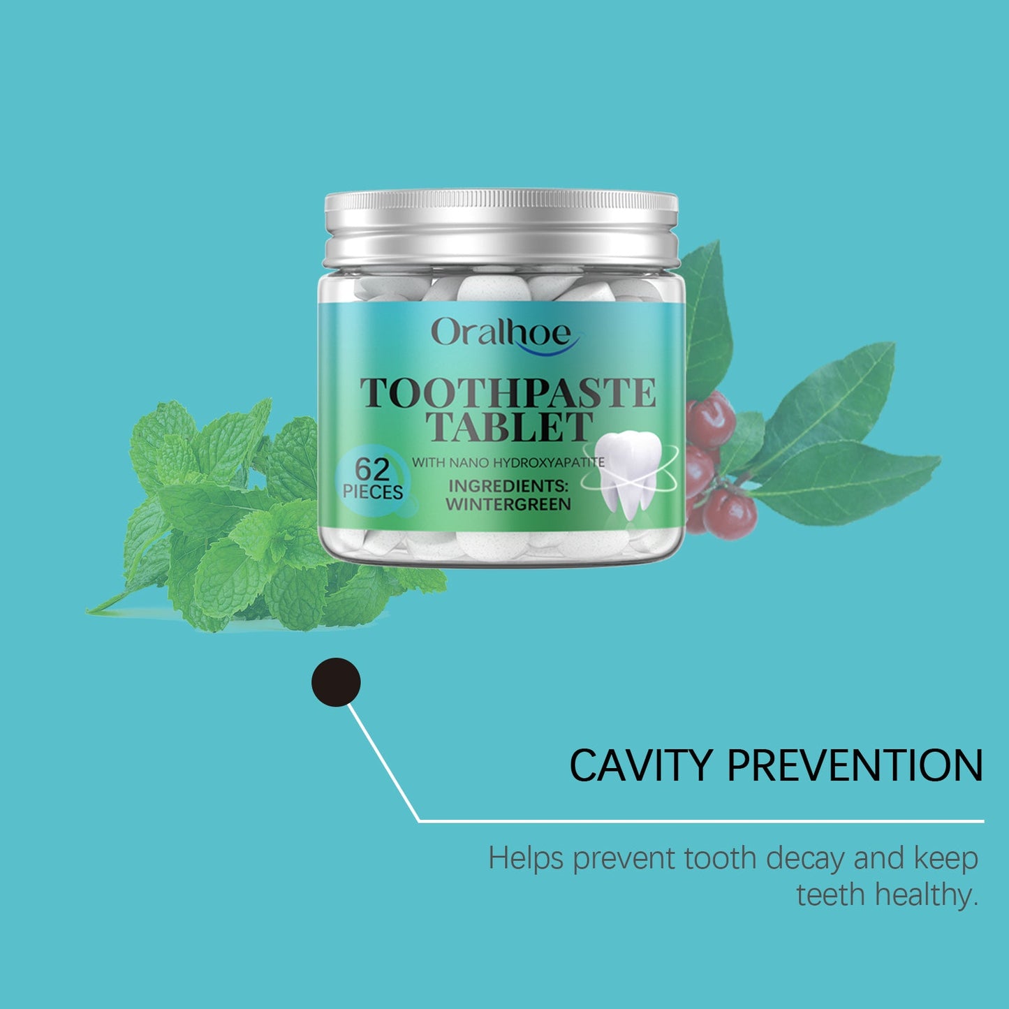 Oralhoe Whitening Toothpaste Tablets Wintergreen dental cleaning care for a radiant smile, teeth cleaning, oral protection, and fresh breath
