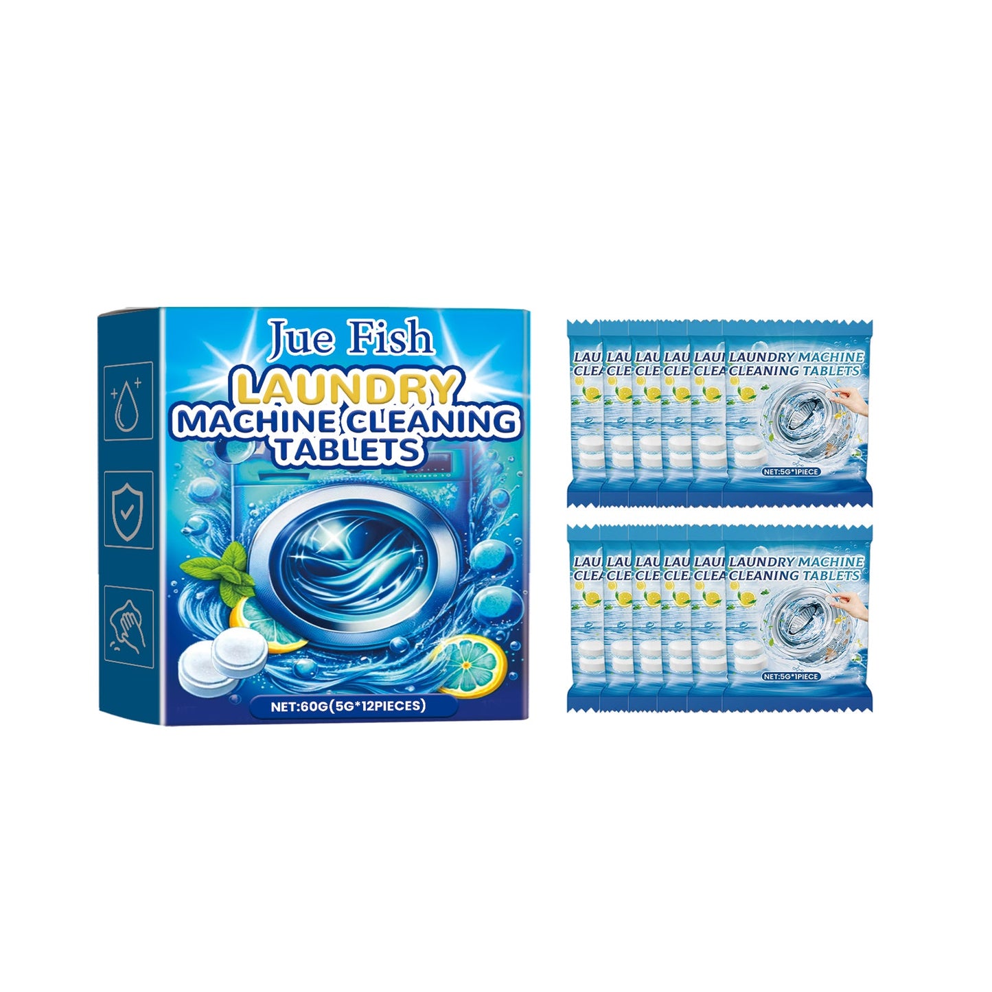Jue-Fish Washing machine cleaning tablets Washing machine tank stain remover, dirt cleaner, odor eliminator, effervescent tablets