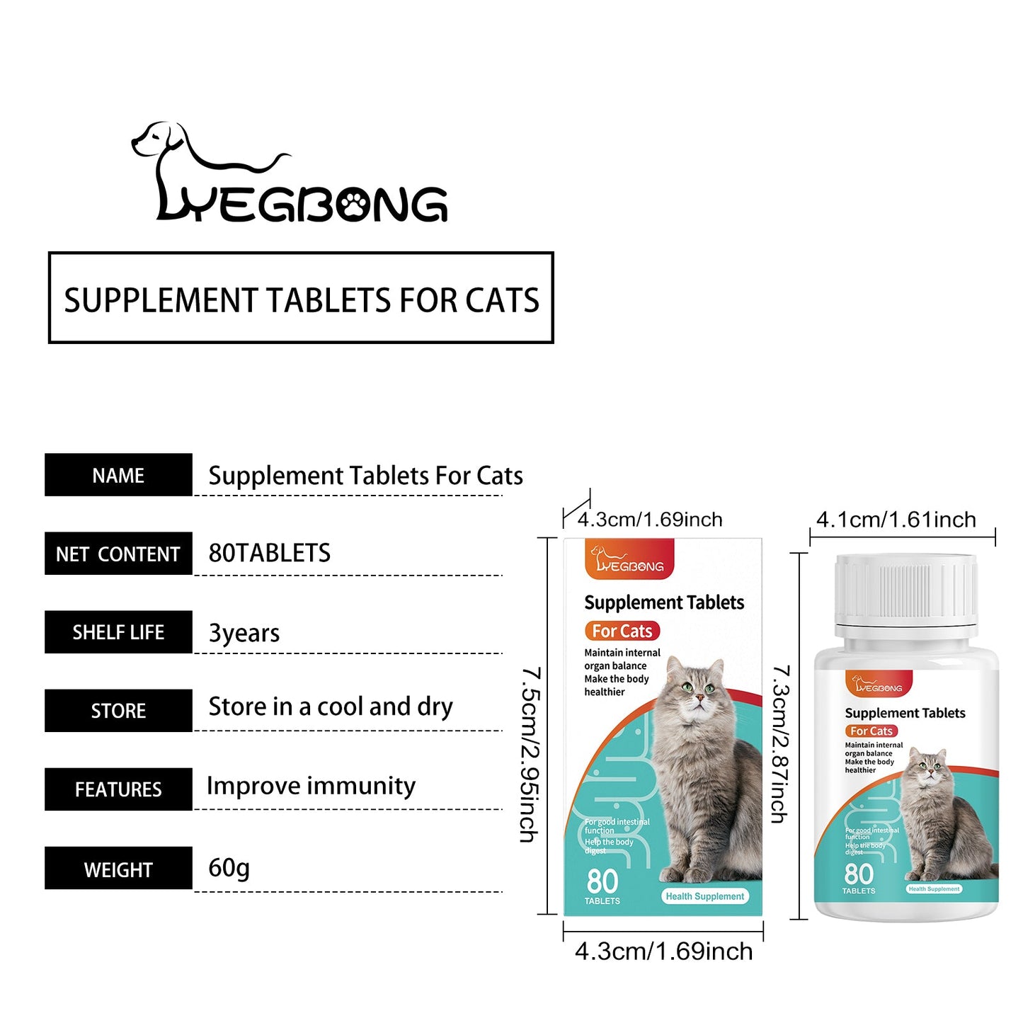 Yegbong Cat Probiotic Tablets Improve intestinal health, balance digestion and absorption, pet nutritional supplements