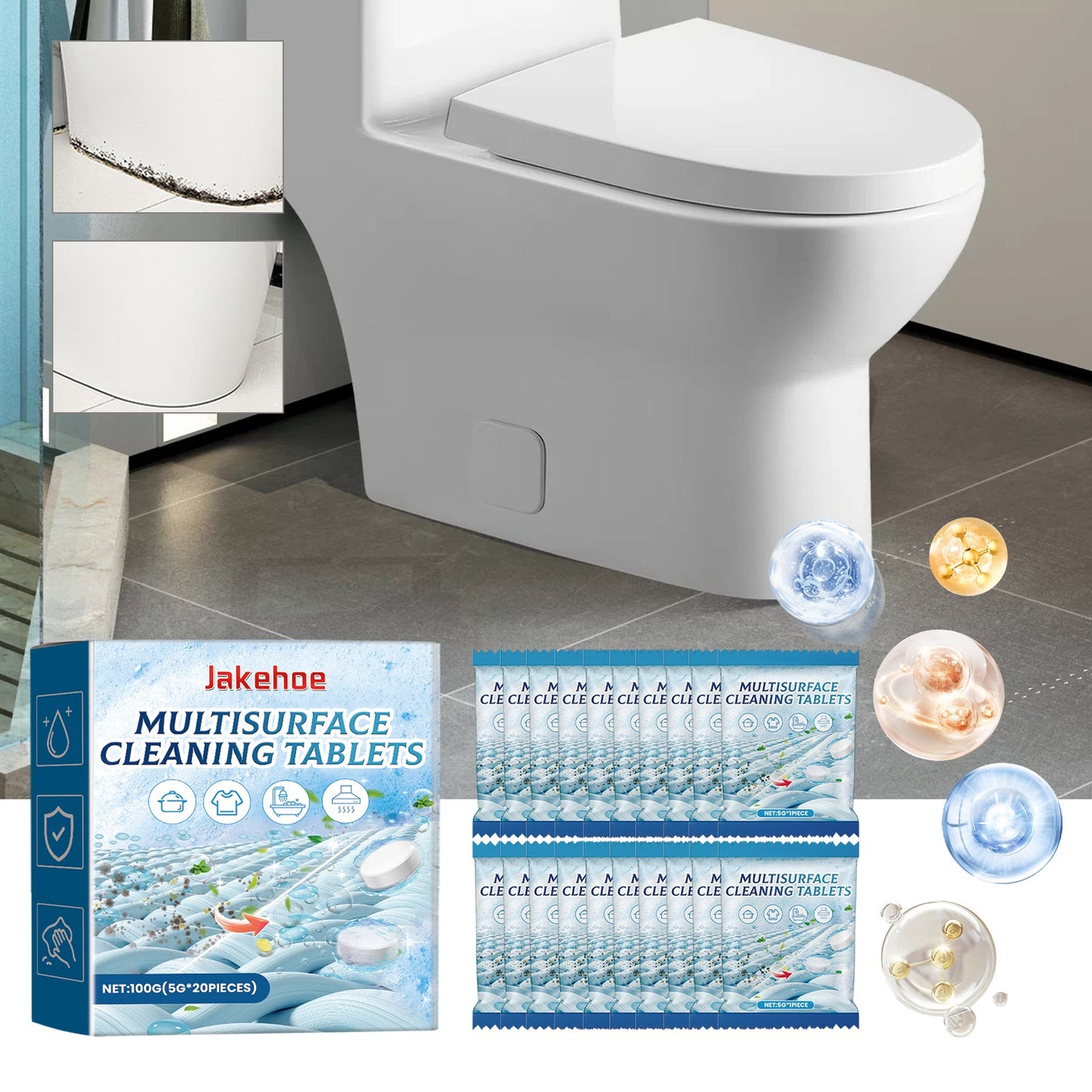 Jakehoe Multi-Surface Cleaning Effervescent Tablets Toilet deodorizer, sink and toilet stain remover, cleaning effervescent tablets