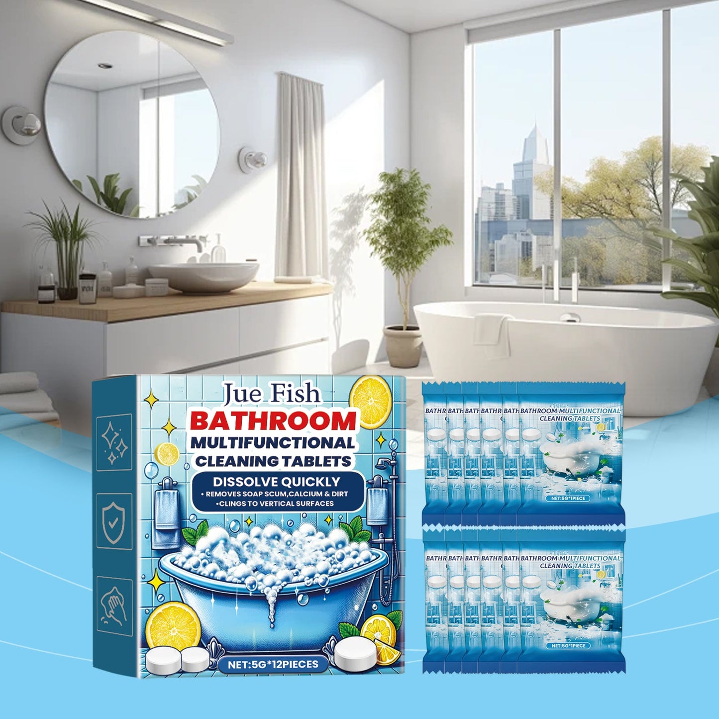 Jue-Fish Bathroom cleaning effervescent tablets Bathroom sink stain remover and fragrance-retaining glass bathtub scale cleaner