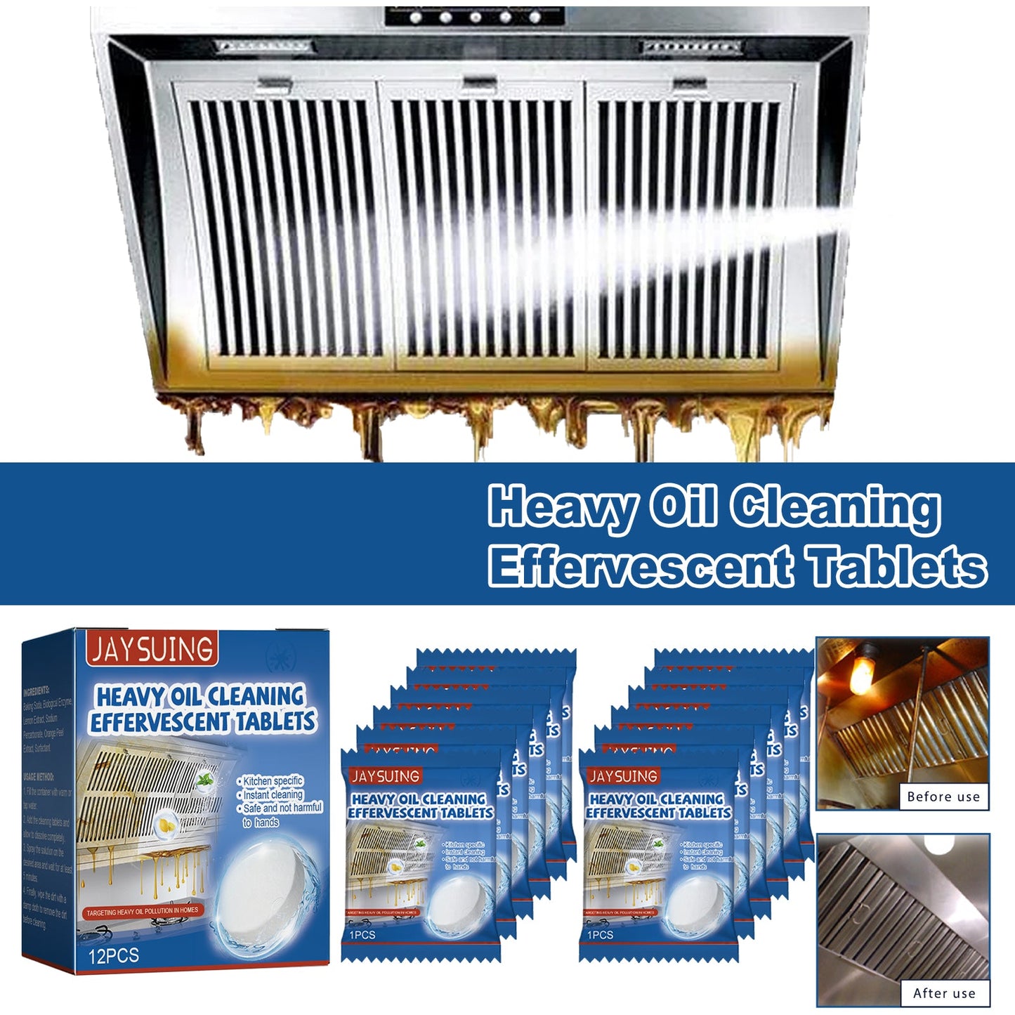 Jaysuing Oil stain cleaning tablets（Boxed） Heavy grease and stain cleaning effervescent tablets for kitchen range hoods and stoves