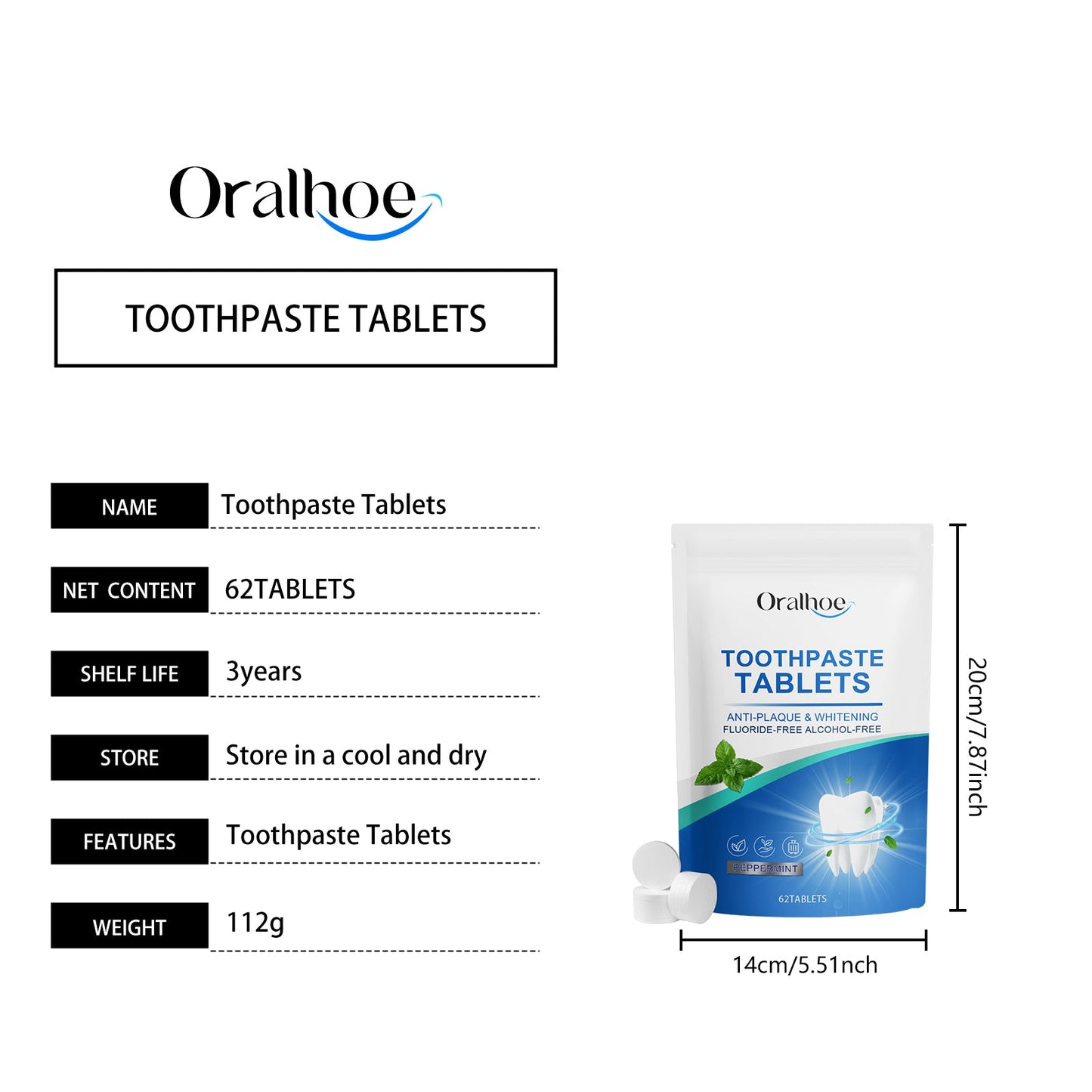Oralhoe Mint Fresh Toothpaste Tablets Cleans dental stains, yellow teeth, and bad breath, and brightens the tooth surface with care tablets