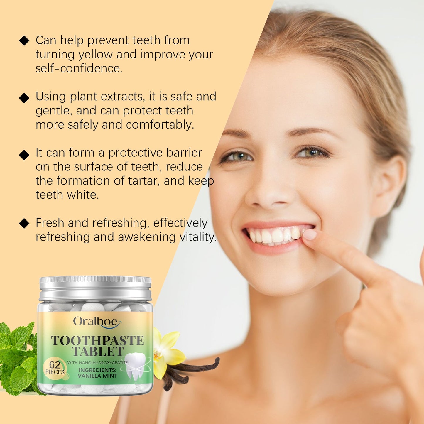 Oralhoe Vanilla Mint Toothpaste Tablets Cleans dental stains, protects oral health, freshens breath, portable dental cleaning tablets