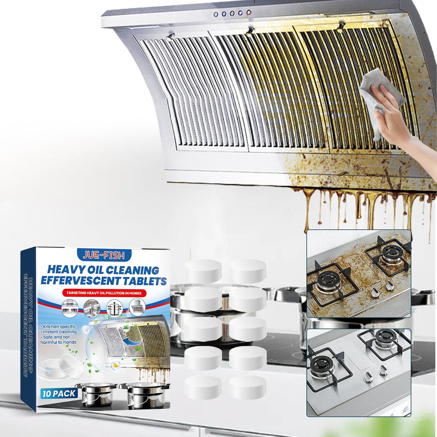 Jue-Fish Kitchen cleaning effervescent tablets Kitchen range hood and stove heavy grease and stain cleaning effervescent tablets