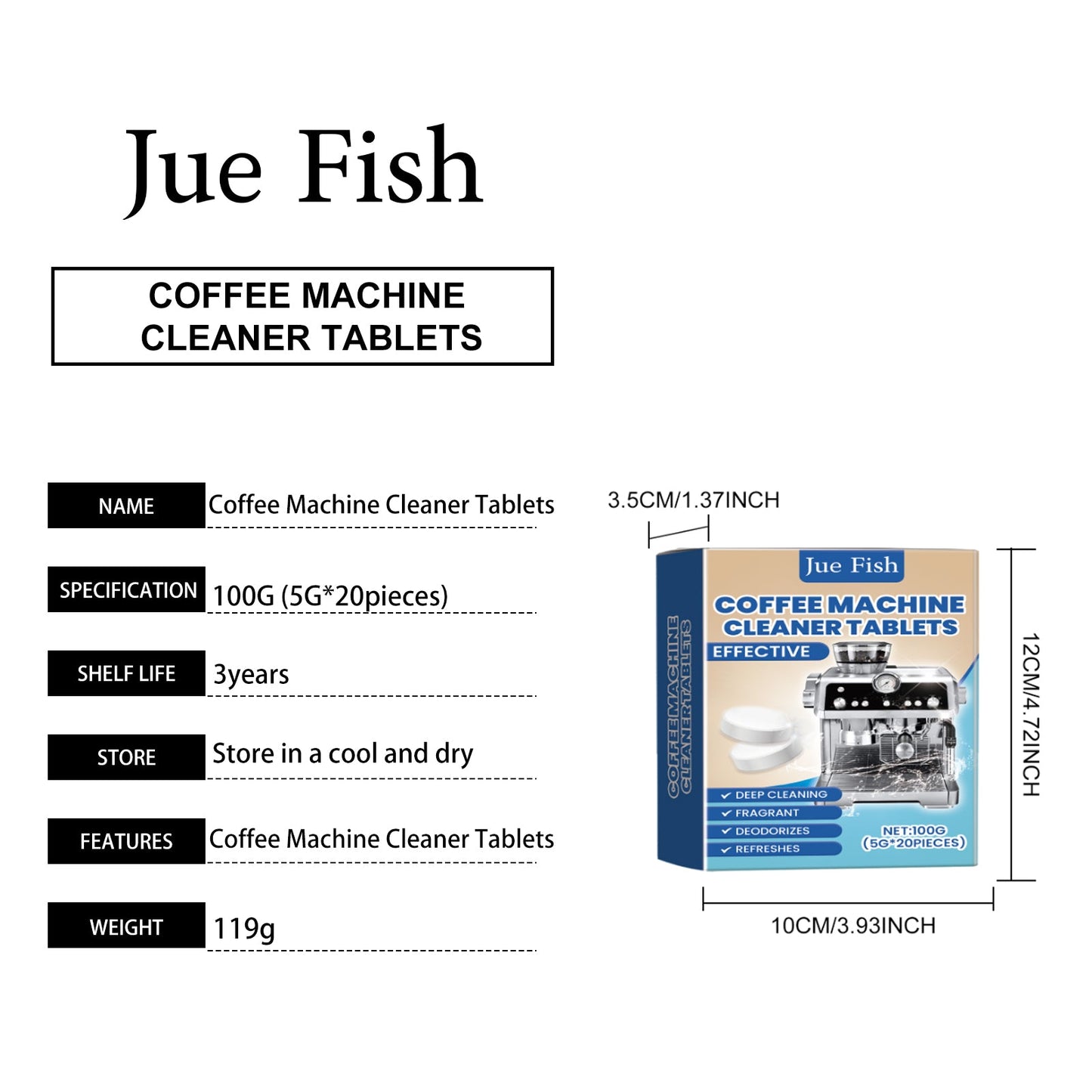 Jue-Fish Coffee machine cleaning tablets Cleaner for cleaning coffee machine stains and grime, renovation and maintenance