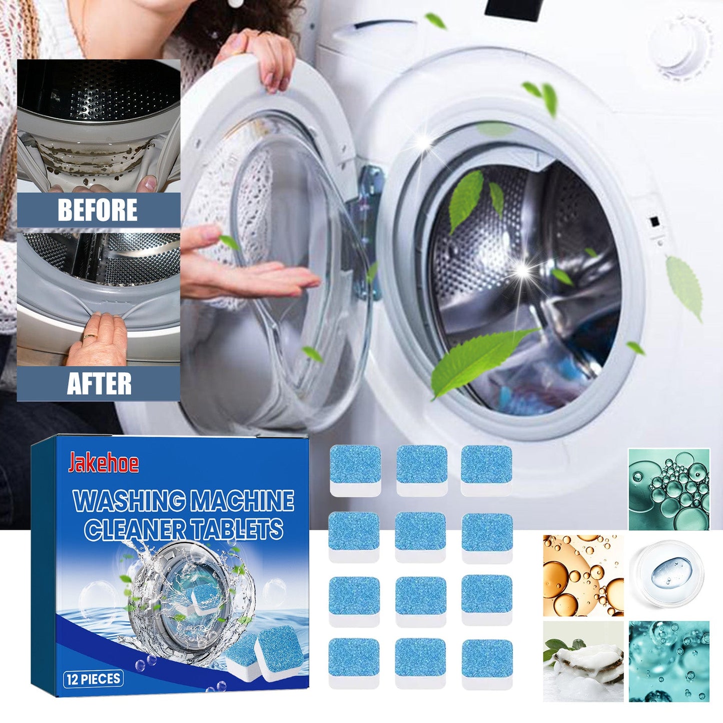 Jakehoe Washing machine cleaning tablets Washing machine tank stain cleaner effervescent tablets for automatic cleaning