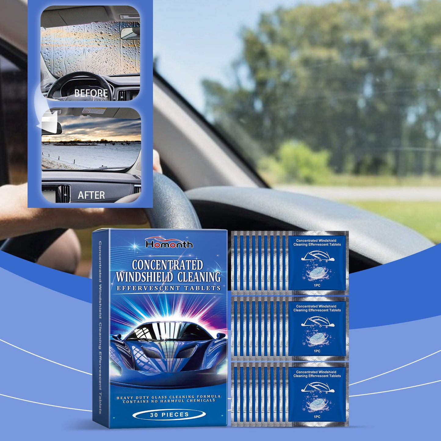 Homonth Car windshield cleaning tablets Car window anti-rain, waterproof, anti-fog glass cleaning effervescent tablets