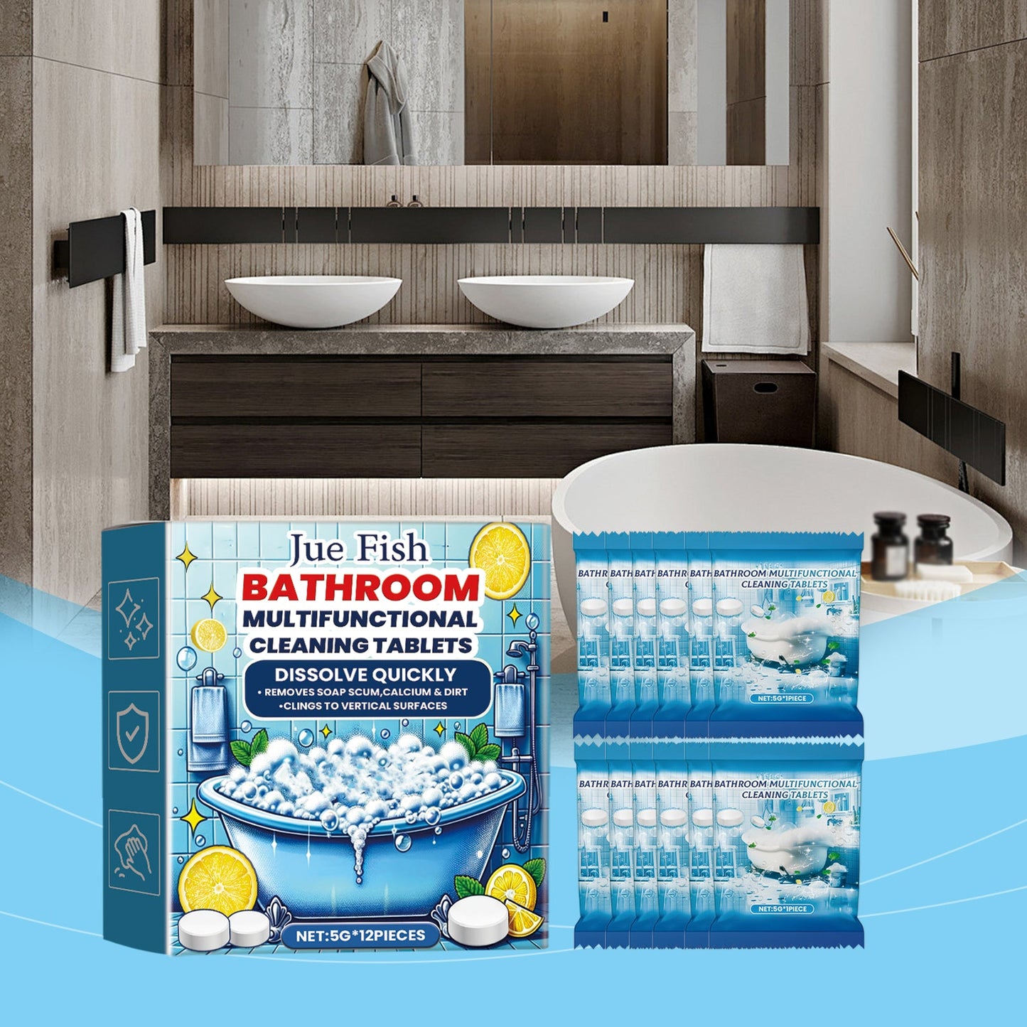 Jue-Fish Bathroom cleaning effervescent tablets Bathroom sink stain remover and fragrance-retaining glass bathtub scale cleaner