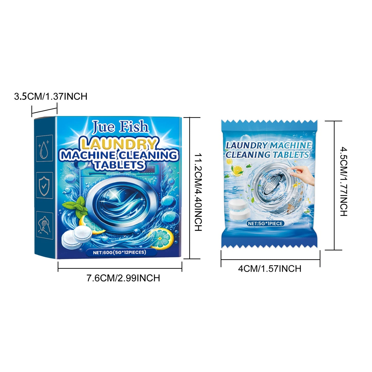 Jue-Fish Washing machine cleaning tablets Washing machine tank stain remover, dirt cleaner, odor eliminator, effervescent tablets