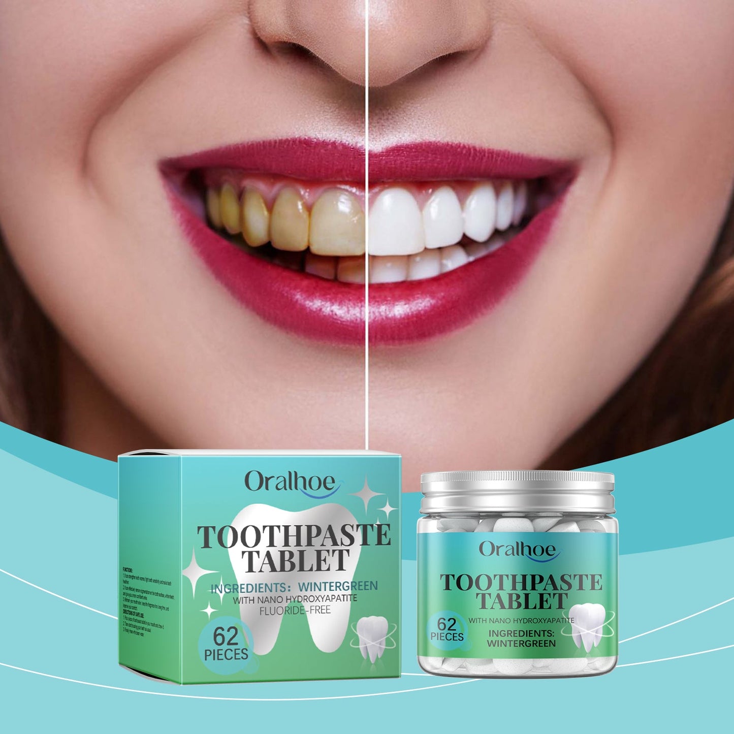 Oralhoe Whitening Toothpaste Tablets Wintergreen dental cleaning care for a radiant smile, teeth cleaning, oral protection, and fresh breath