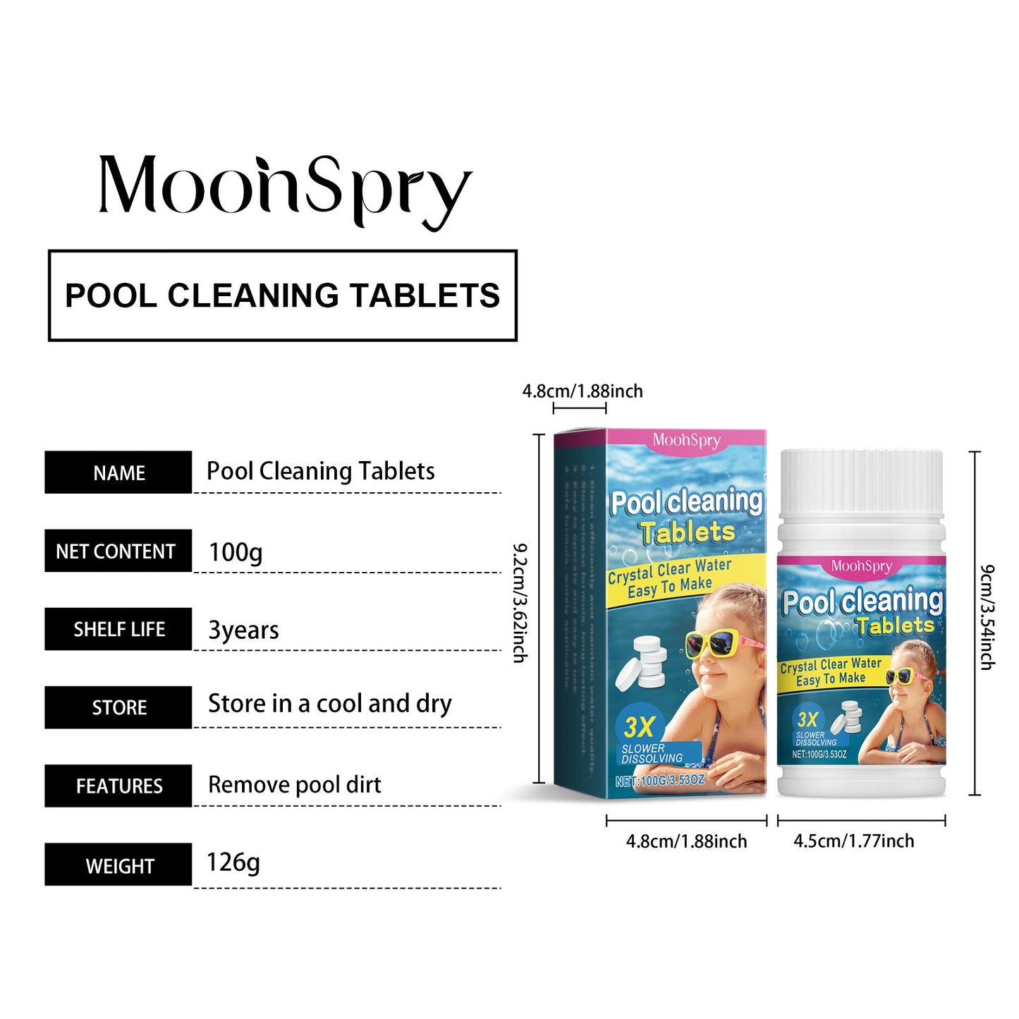 MoonSpry Pool cleaning slow-release tablets Swimming pool water decontamination, deodorization, and multi-functional cleaning effervescent tablets
