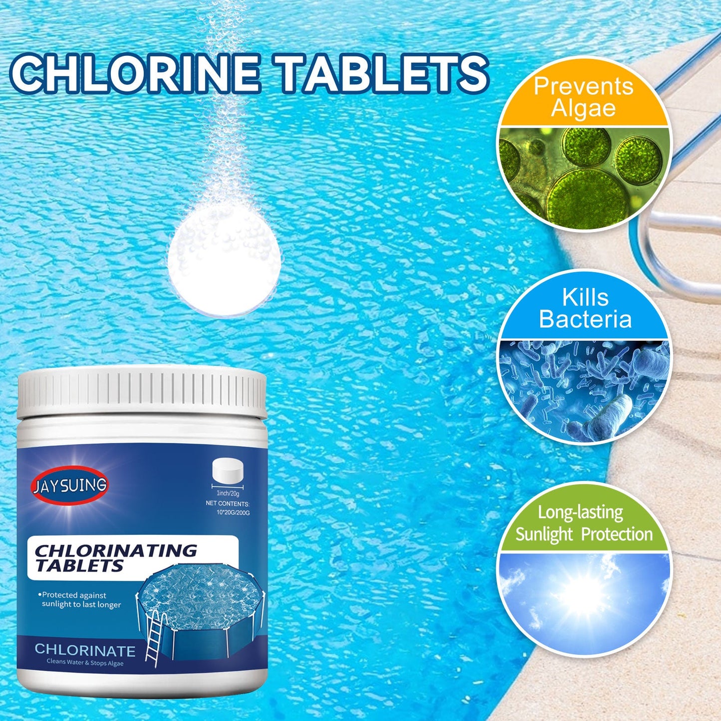 Jaysuing Effervescent Tablets Multifunctional Instant Cleaning Swimming Pool Water Quality Improvement Effervescent Tablets