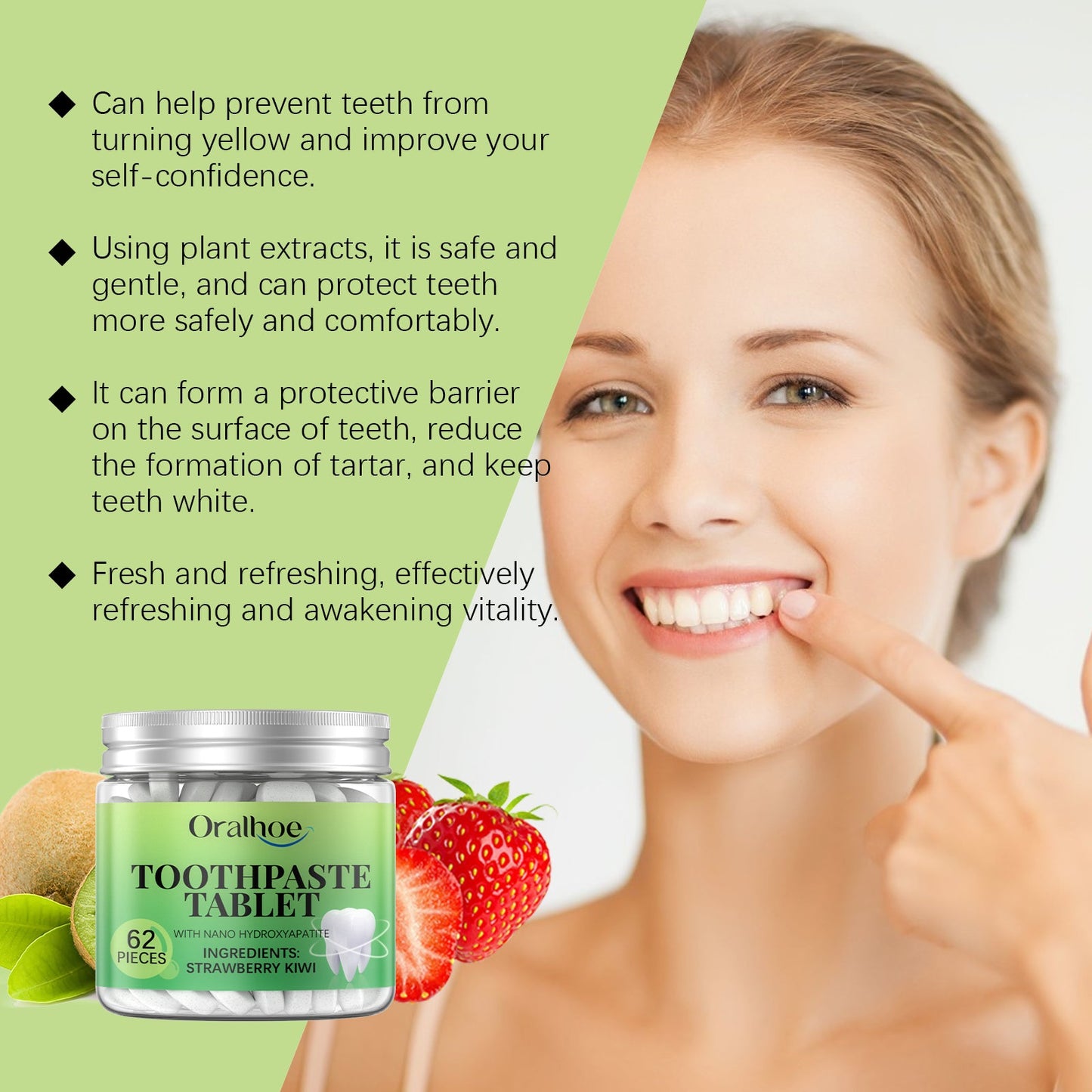 Oralhoe Whitening Toothpaste Tablets Strawberry and kiwi fresh breath toothpaste for cleaning dental plaque and protecting teeth