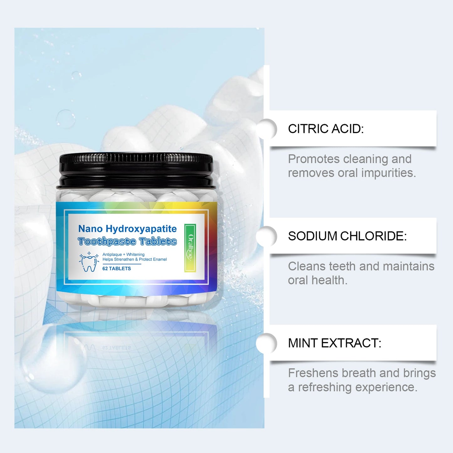 Oralhoe Mint toothpaste tablets Portable cleaning toothpaste tablets for fresh breath, stain removal, and odor elimination
