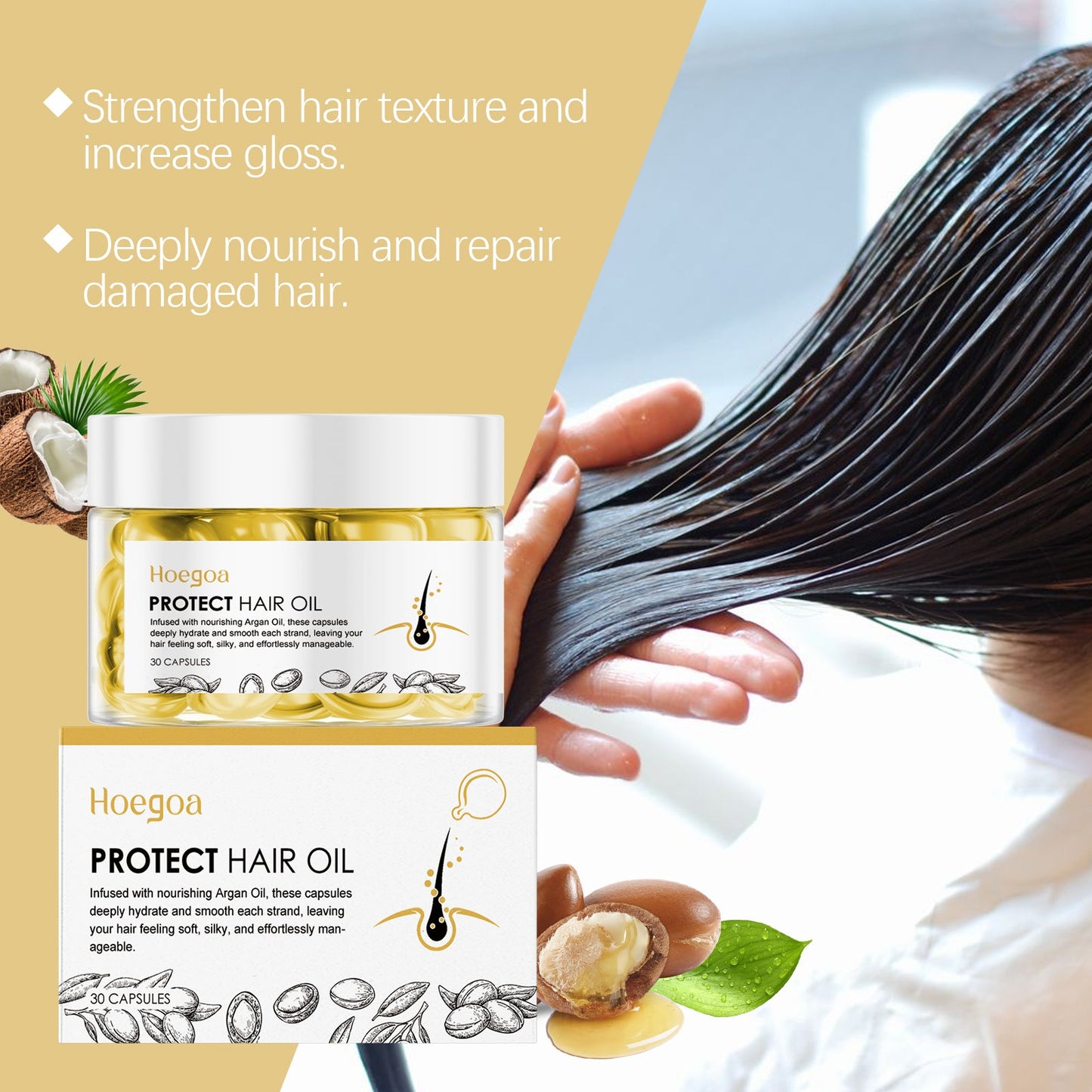 Hoegoa Moroccan hair care essential oil capsules Improves dry and frizzy hair, providing smoothness and moisture with hair care oil