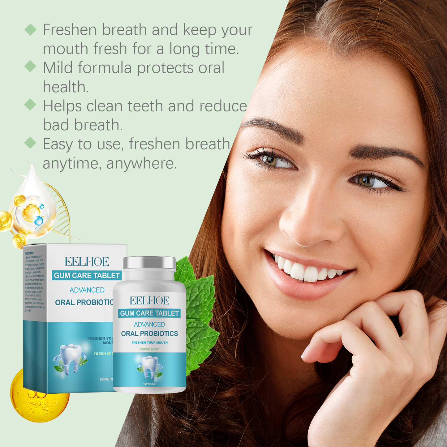 EELHOE Probiotic Oral Rinse Tablets Solid toothpaste tablets, portable mouthwash tablets, portable cleaning and stain removal for teeth