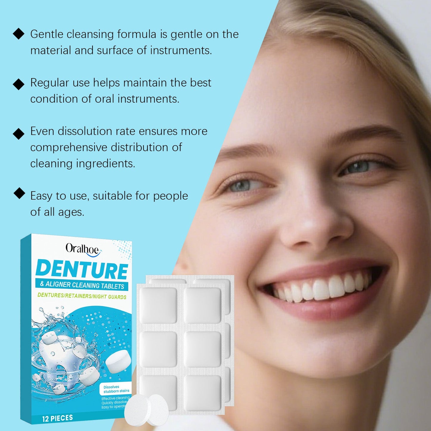 Oralhoe Denture cleaning effervescent tablets Cleans corner impurities, maintains comfort of wear, and provides dental hygiene care