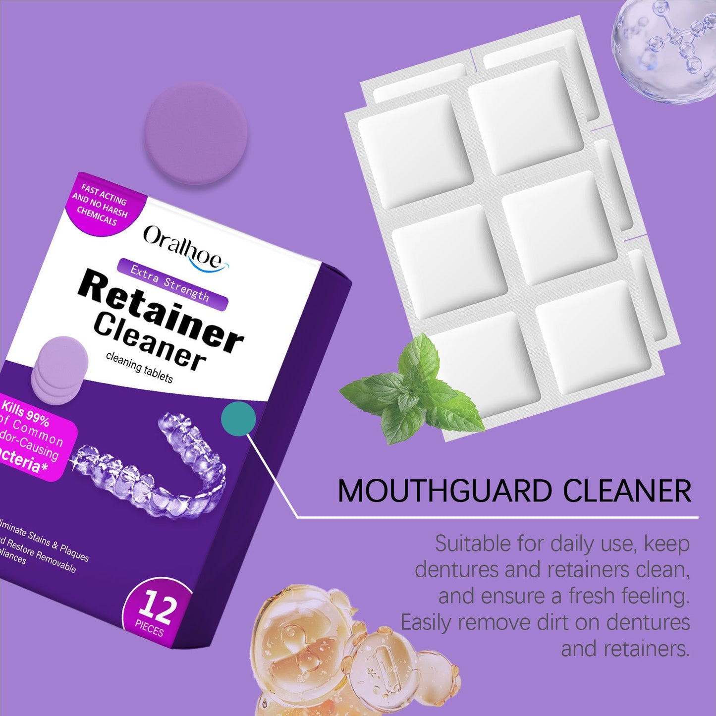 Oralhoe Purple Denture Retainer Cleaning Tablets Cleans stains, dental plaque buildup, and braces odor with cleaning tablets