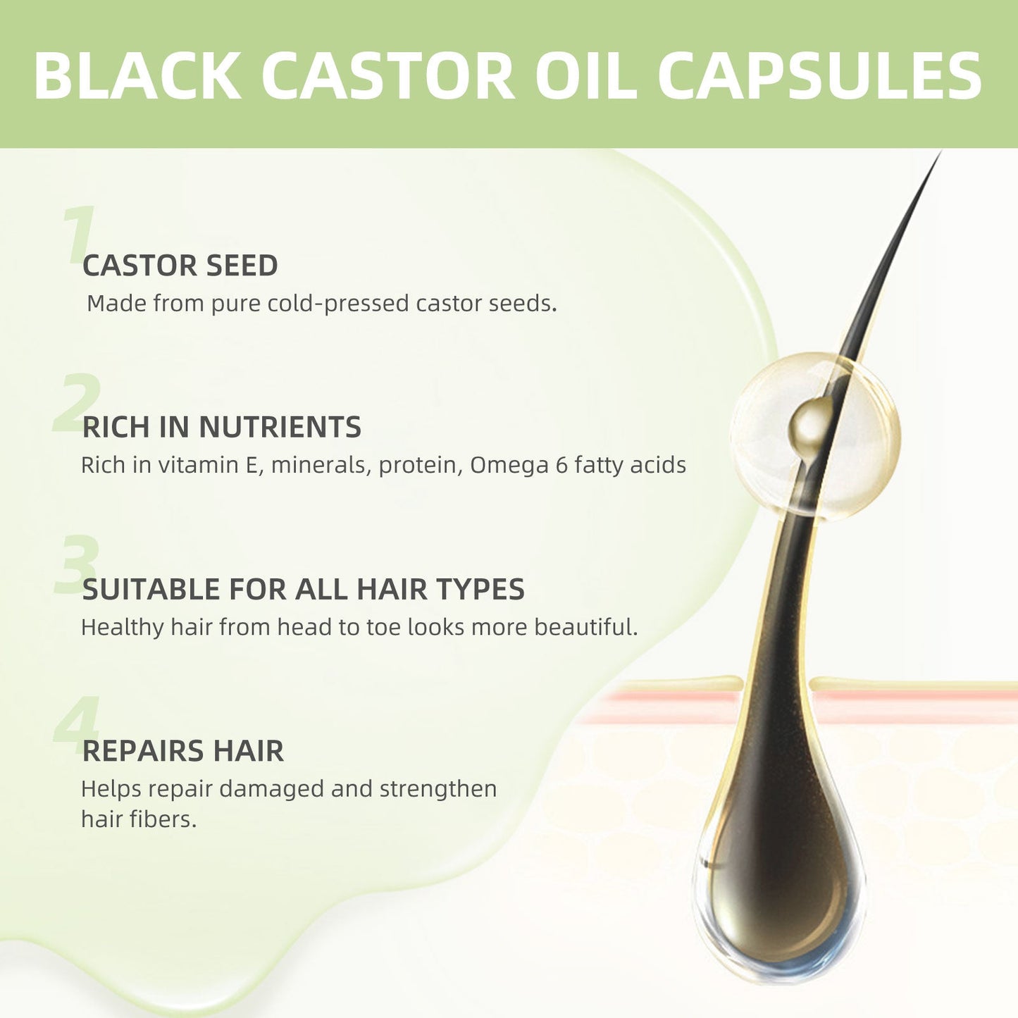 eelhoe Castor Oil Hair Thickening Capsules Repair hair damage, nourish, smooth, shine and strengthen hair, hair care capsules