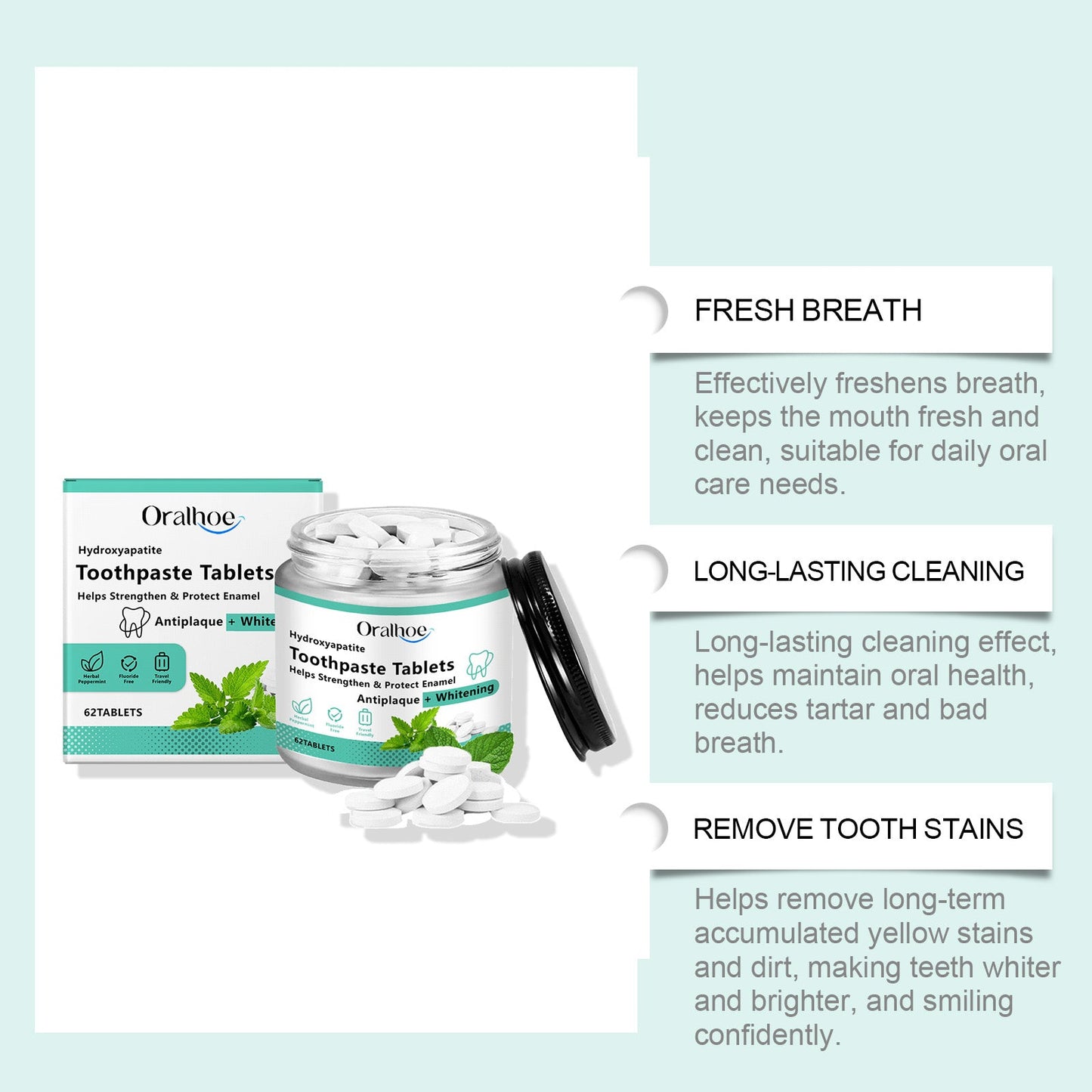 Oralhoe Mint Whitening Toothpaste Tablets Oral odor remover, breath freshener, portable toothpaste chewable tablets