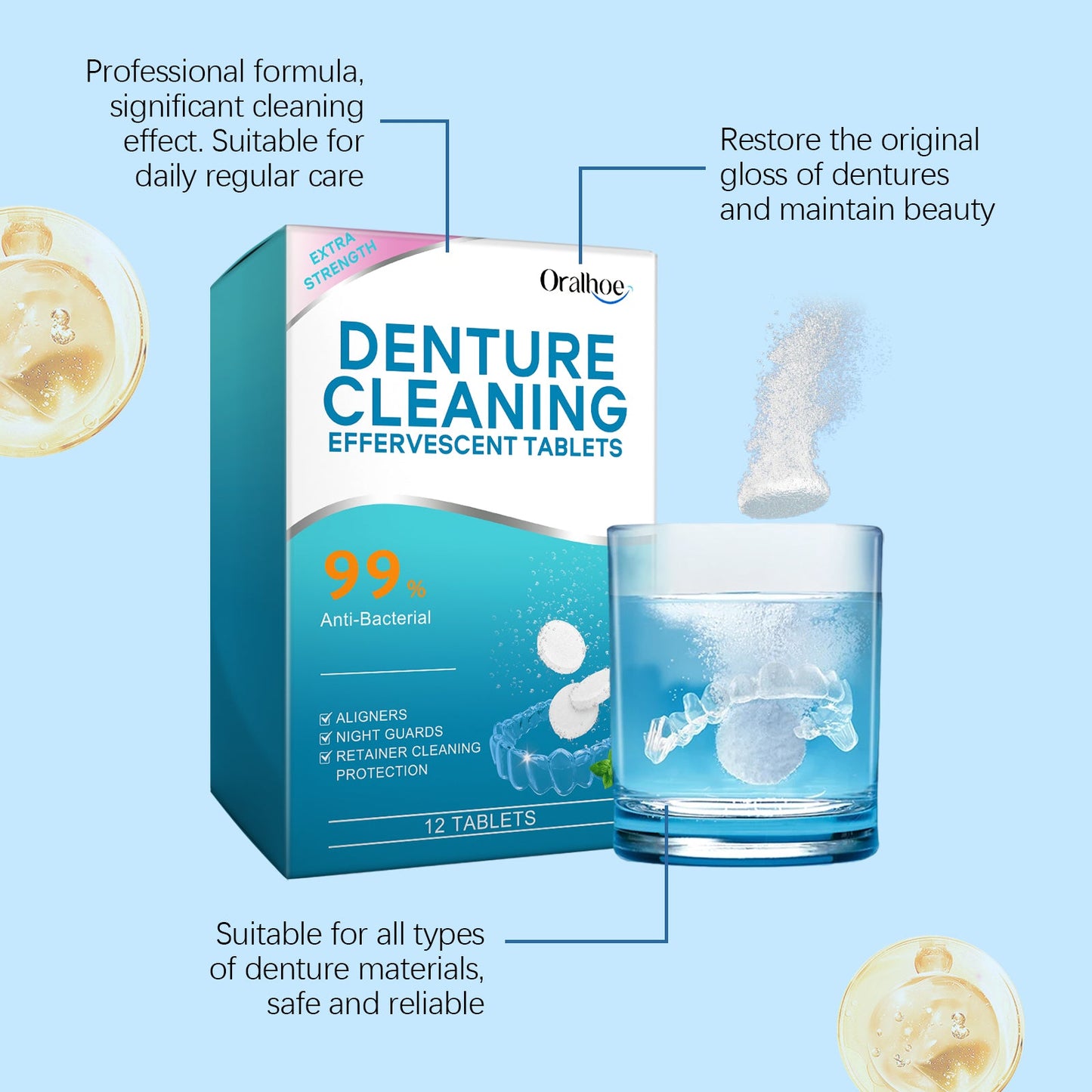 Oralhoe Denture cleaning effervescent tablets Gentle cleaning of denture stains, fresh and clean, daily portable effervescent tablets
