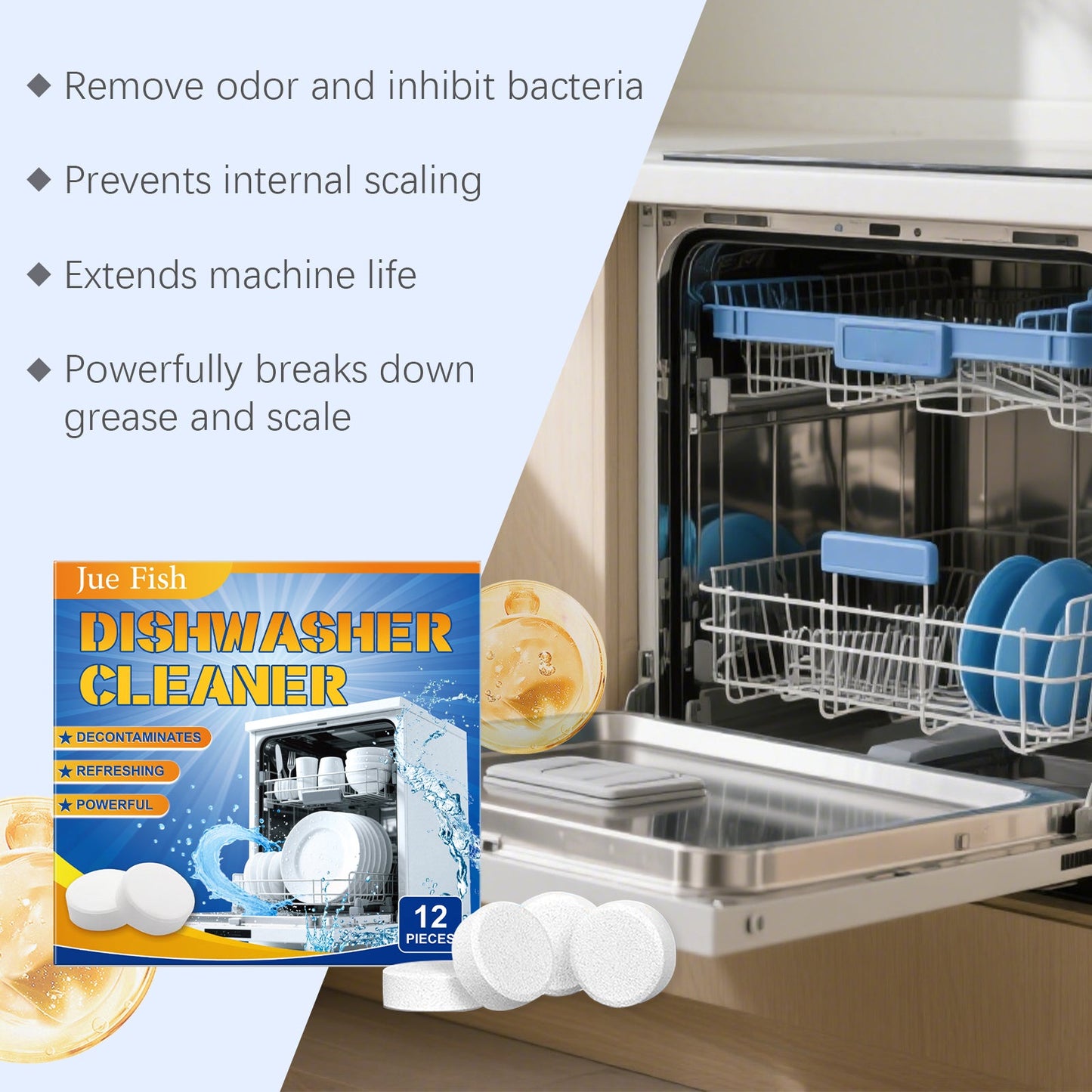 Jue Fish Dishwasher degreasing cleaning tablets Removes grease and reduces scale, keeps dishes clean, for household cleaning