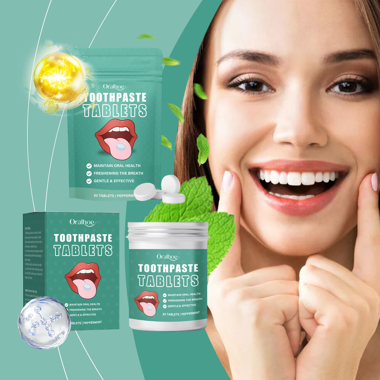 Oralhoe Cleaning toothpaste tablets Convenient, fresh, cleans teeth stains and yellowing, reduces bad odor, provides long-lasting protection