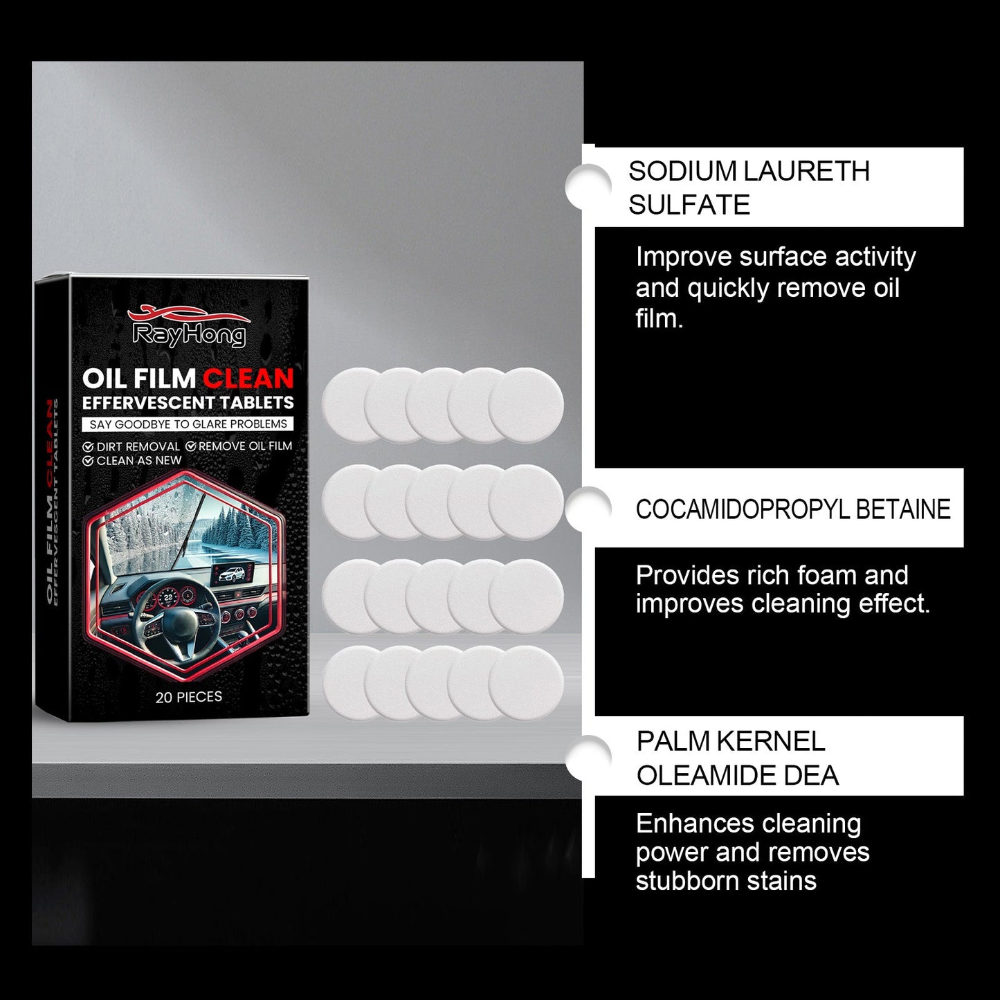Rayhong Glass oil film cleaning tablets Front windshield oil film remover, stain remover, and brightening cleaning tablet