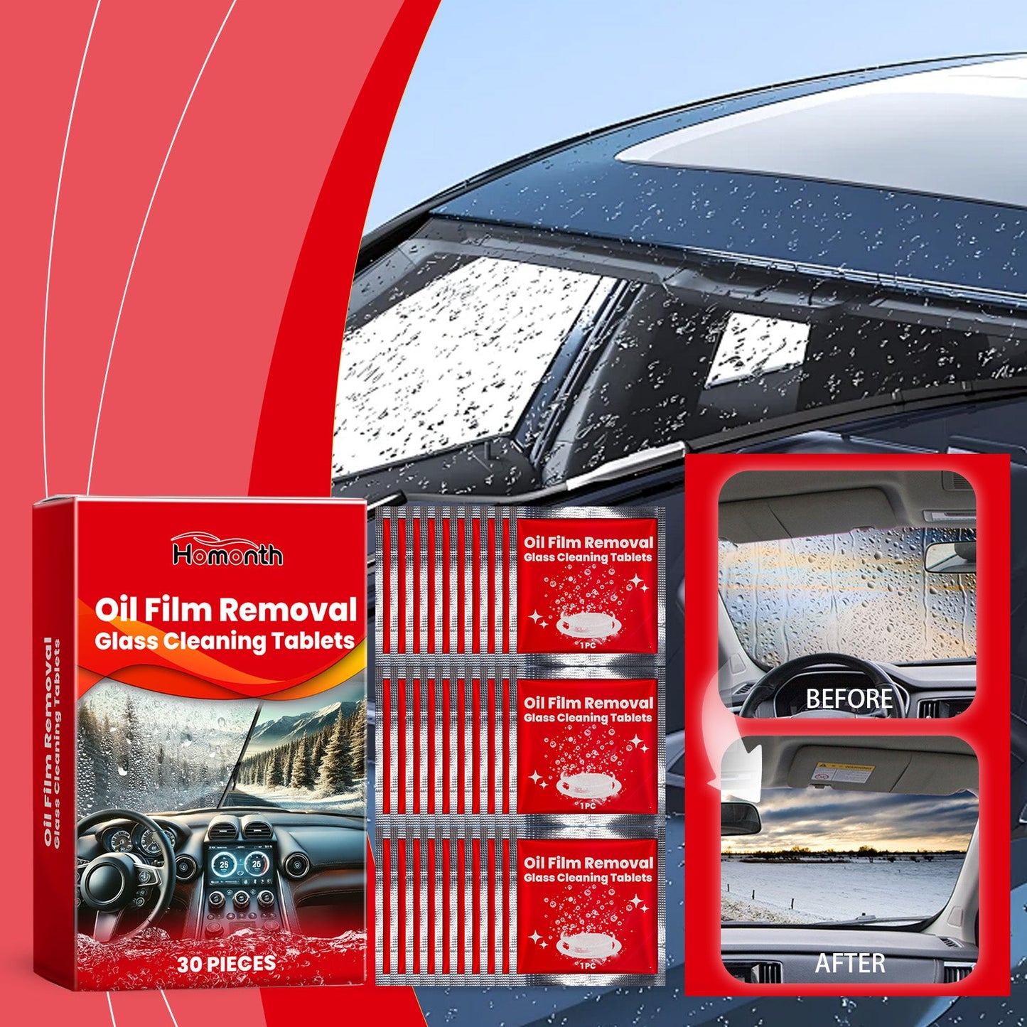 Homonth Car windshield effervescent tablets, car window rainproof, waterproof, anti-fog, cleaning car glass effervescent tablets