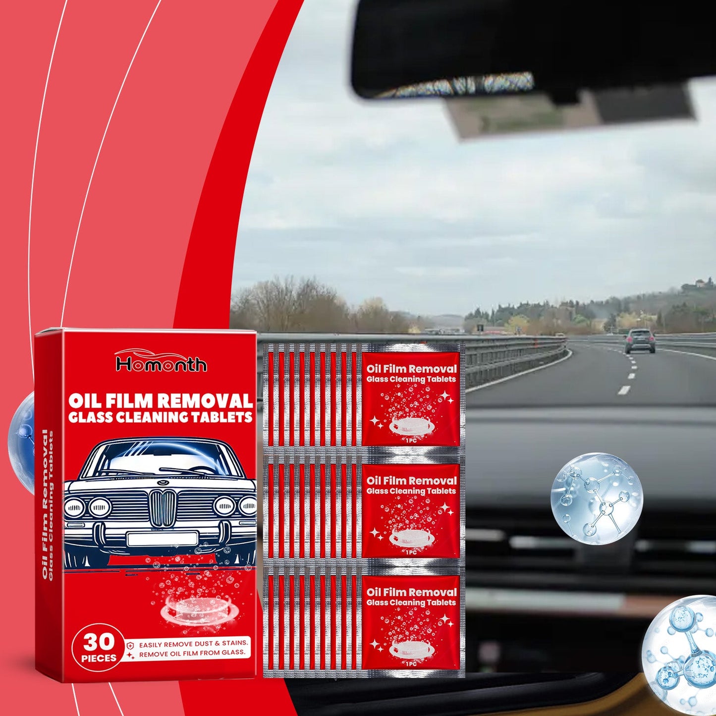 Homonth Car oil film cleaning tablets Car oil film cleaner for window glass, anti-rain and anti-fog cleaning tablets