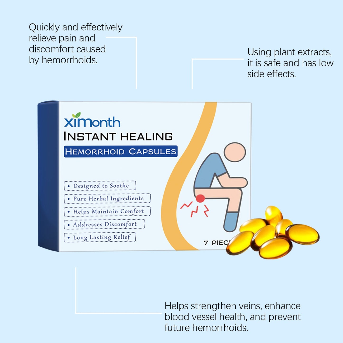Ximonth Herbal Hemorrhoid Capsules Relieves Anal Discomfort, Eliminates Hemorrhoids, Body Care, Anal Comfort Care Capsules