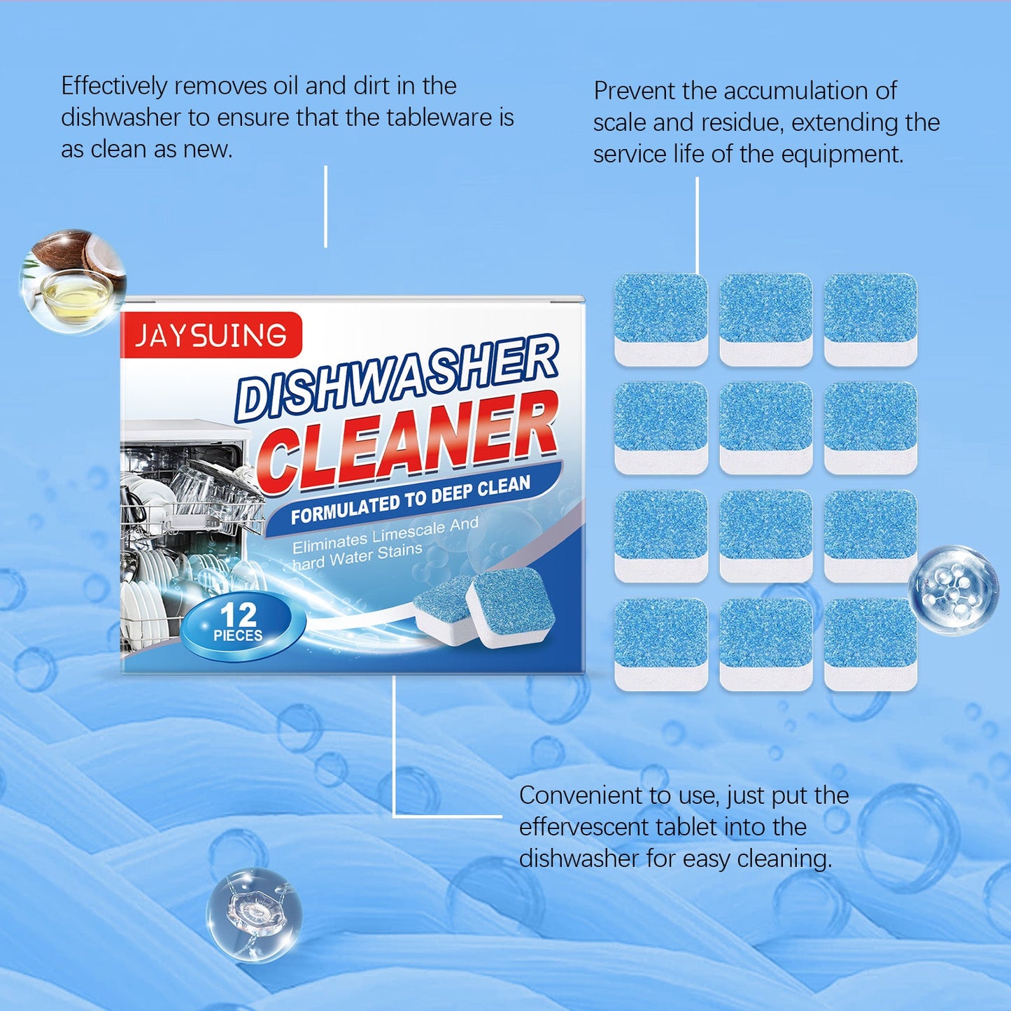Jaysuing Dishwasher cleaning tablets Removes oil, dirt, and grime from household kitchen dishwashers and eliminates odors