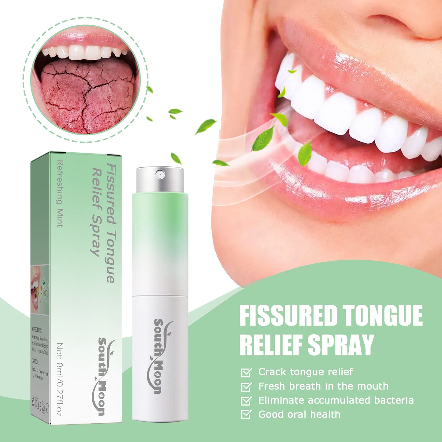South Moon Cracked Tongue Relief Spray Relieves tongue cracks, freshens breath, and eliminates bad odor oral spray