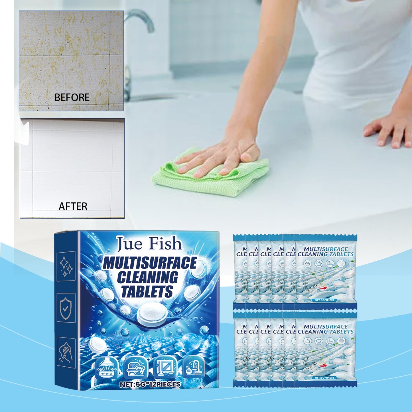JUE FISH Multi-Surface Decontamination Effervescent Tablets Kitchen heavy grease and dirt cleaning stain remover effervescent tablets