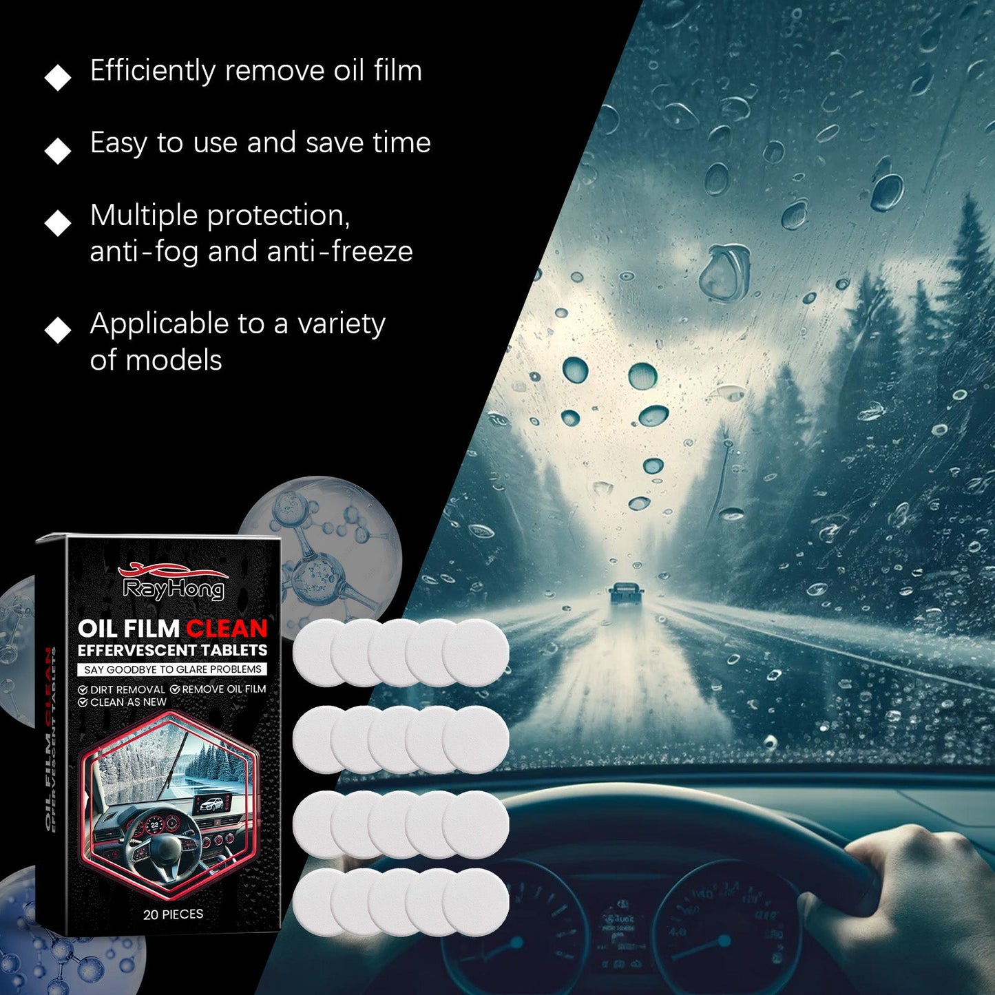 Rayhong Glass oil film cleaning tablets Front windshield oil film remover, stain remover, and brightening cleaning tablet