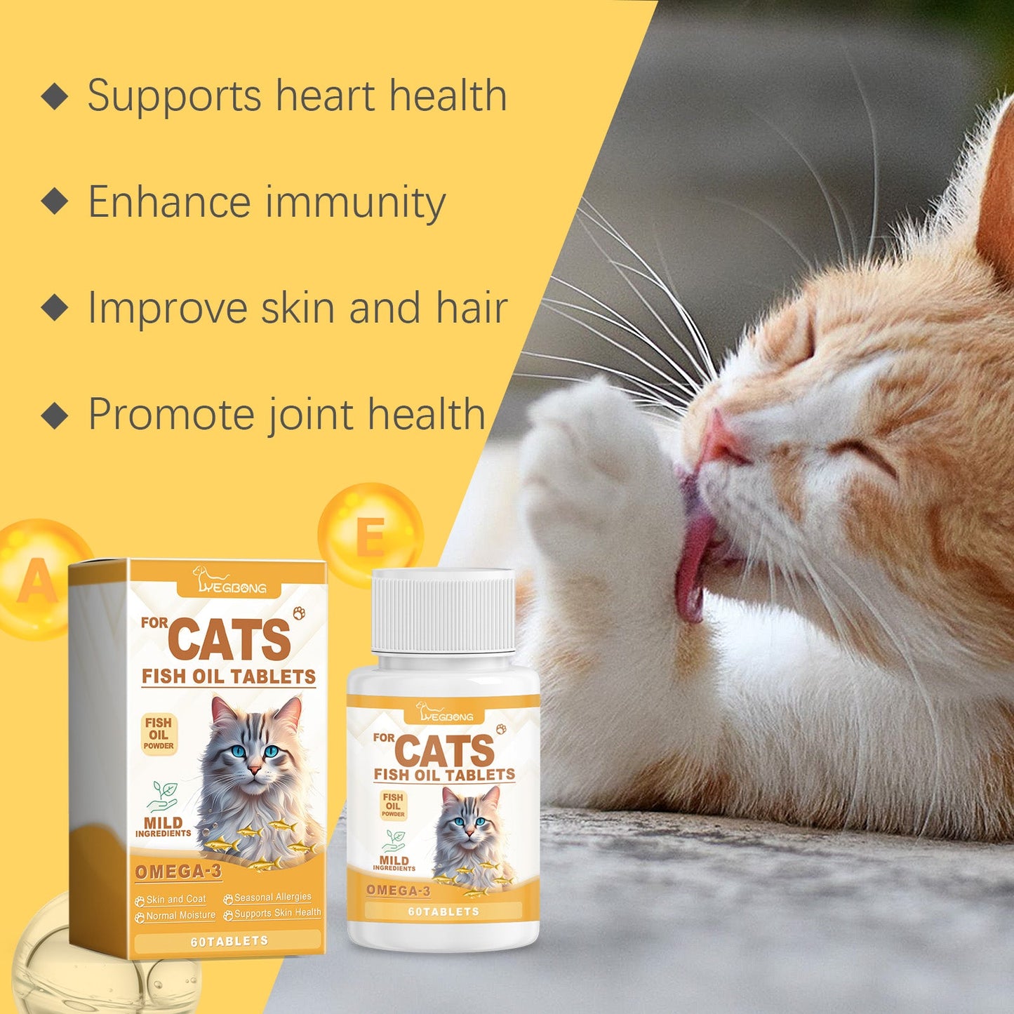Yegbong Multivitamin Fish Oil Tablets for Cats Cat Care Vitamin Moisturizing Skin Fish Oil Supplement Tablets