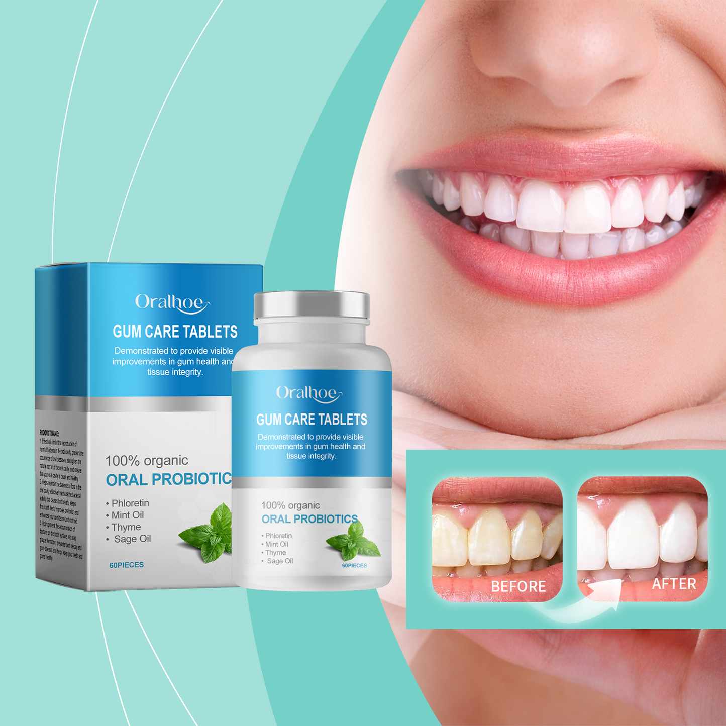 Oralhoe Mouthwash tablets Cleans teeth, removes stains, eliminates bad breath, freshens breath, portable solid toothpaste tablets