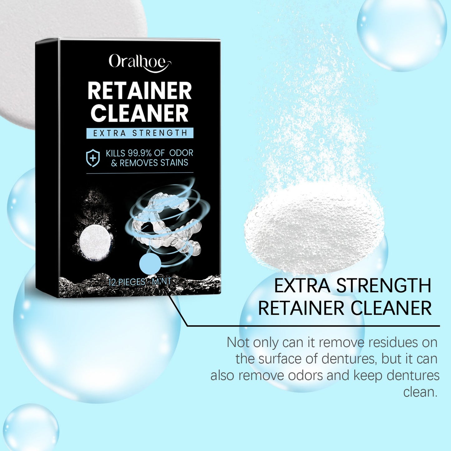 Oralhoe Denture Retainer Cleaning Tablets Cleans bad breath and leaves a pleasant scent, cleaning tablets for braces and dentures care