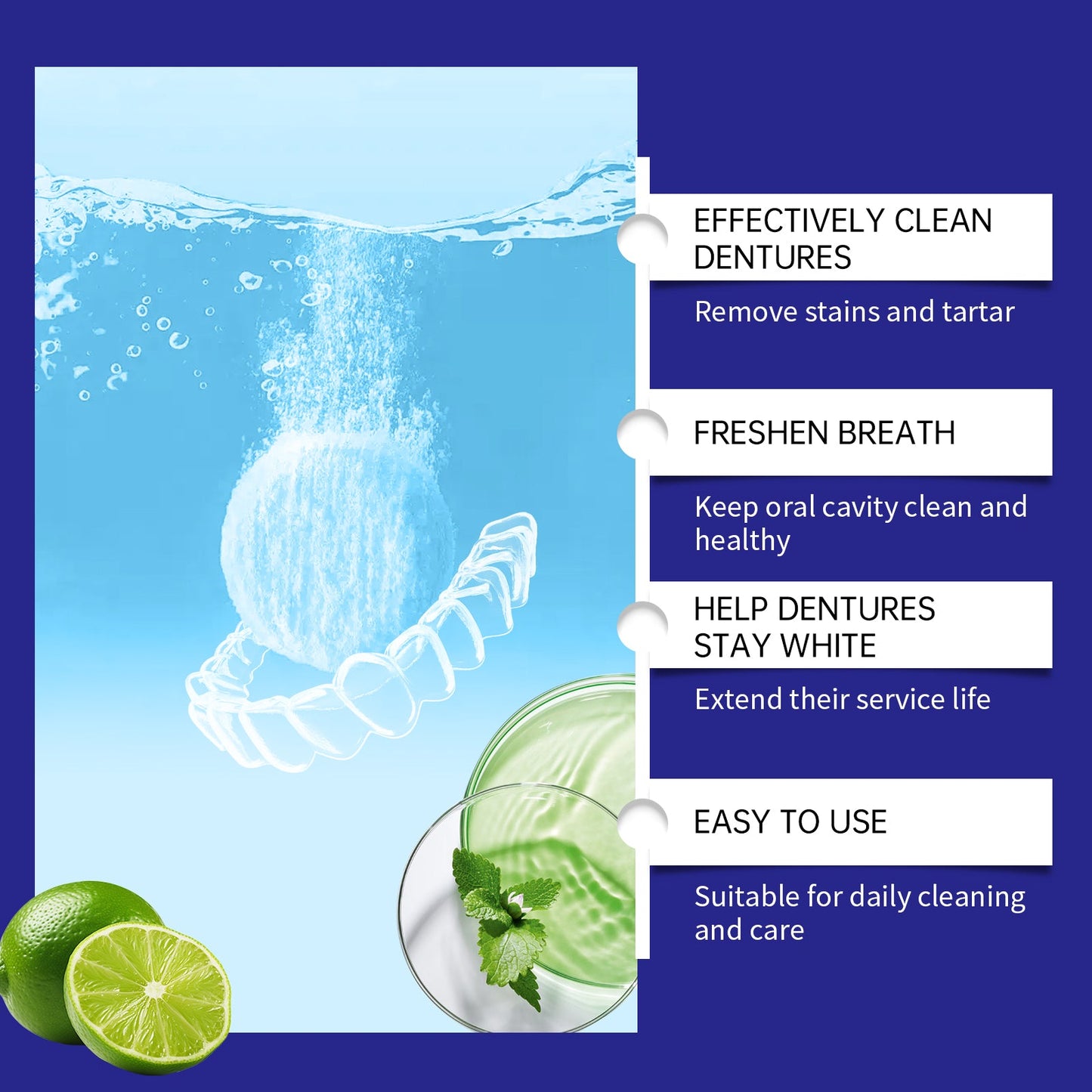 Oralhoe Denture cleaning tablets Oral care, fresh breath, tooth stain removal, braces, denture cleaning tablets, care