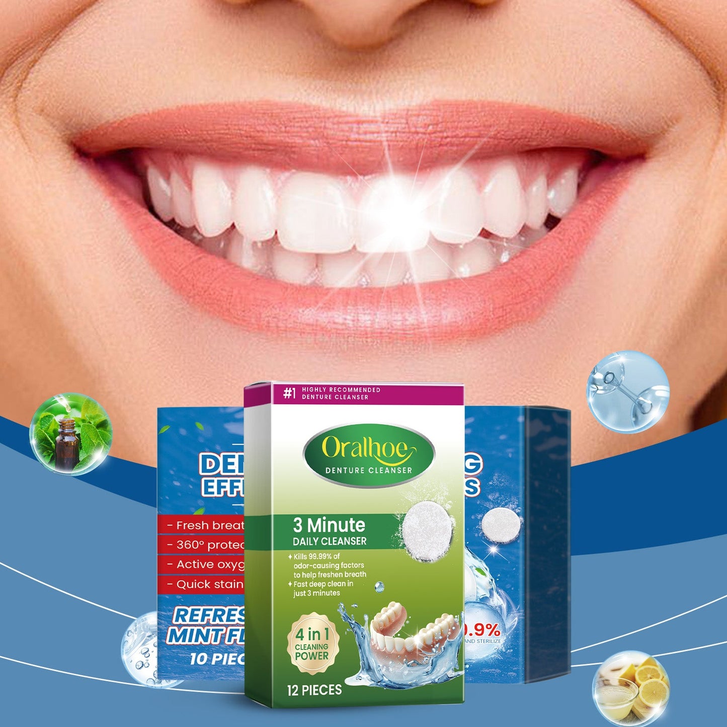 Oralhoe Denture cleaning tablets Hygiene care, cleaning of dental plaque and stains, braces, dentures, dental cleaning tablets