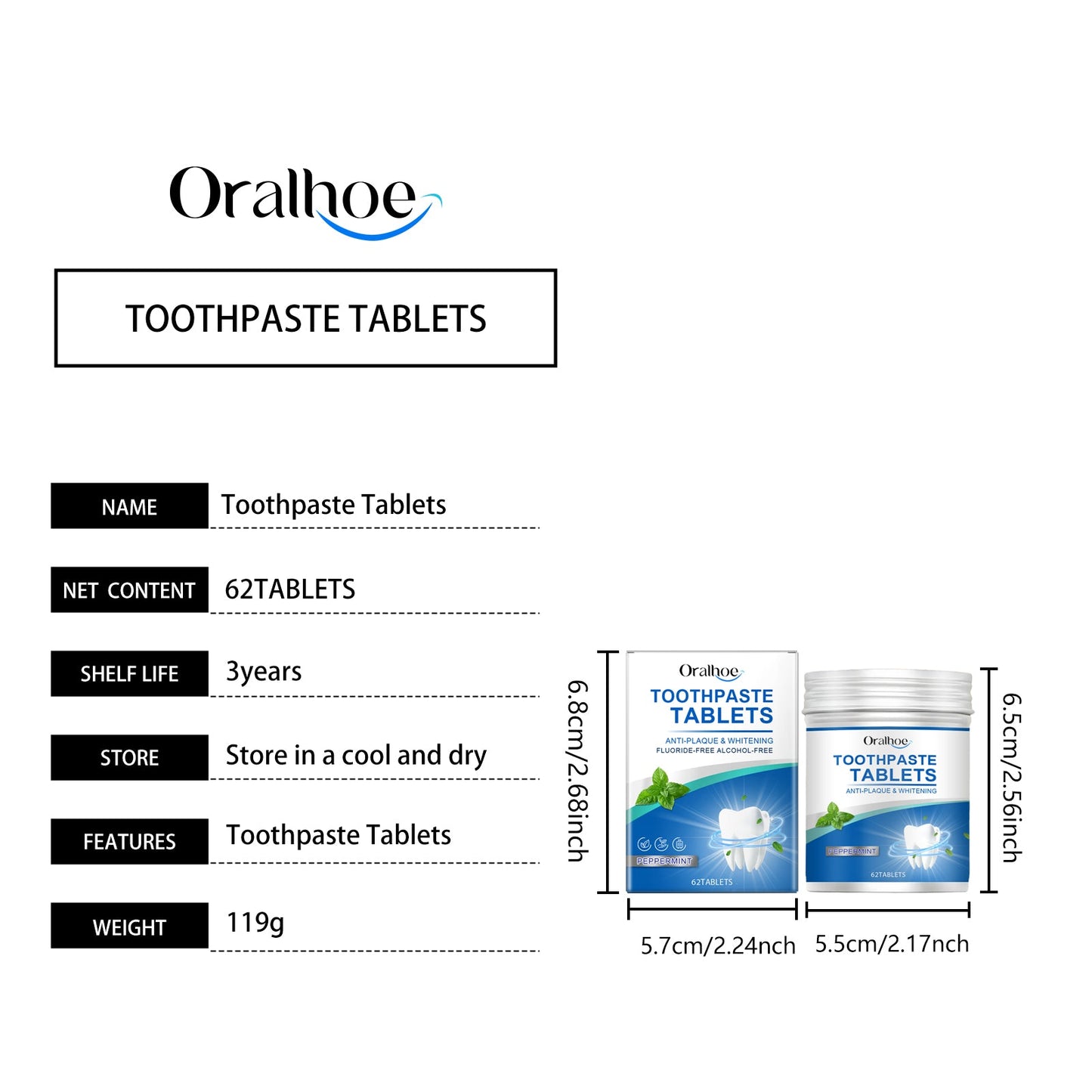 Oralhoe Mint cleaning toothpaste tablets Gently cleans teeth, removes stains and yellowing, freshens the mouth, and provides dental care