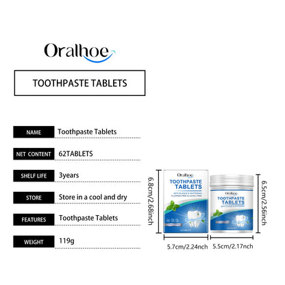Oralhoe Mint cleaning toothpaste tablets Gently cleans teeth, removes stains and yellowing, freshens the mouth, and provides dental care
