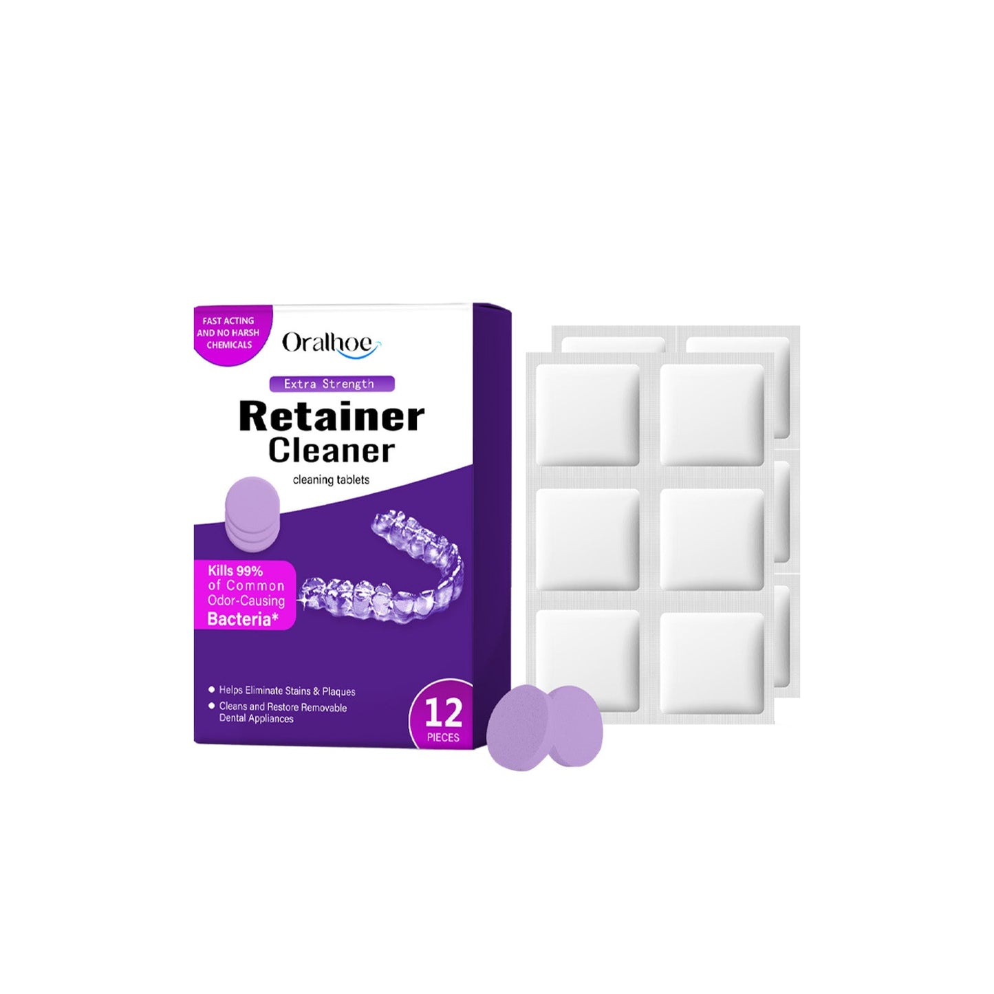 Oralhoe Purple Denture Retainer Cleaning Tablets Cleans stains, dental plaque buildup, and braces odor with cleaning tablets